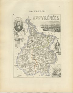 Antique Map of Hautes-Pyrénées, France by Vuillemin, circa 1850