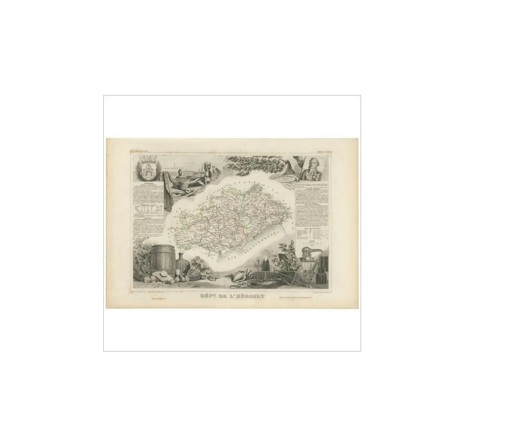 Antique Map of Hérault ‘France’ by V. Levasseur, 1854 In Good Condition For Sale In Langweer, NL