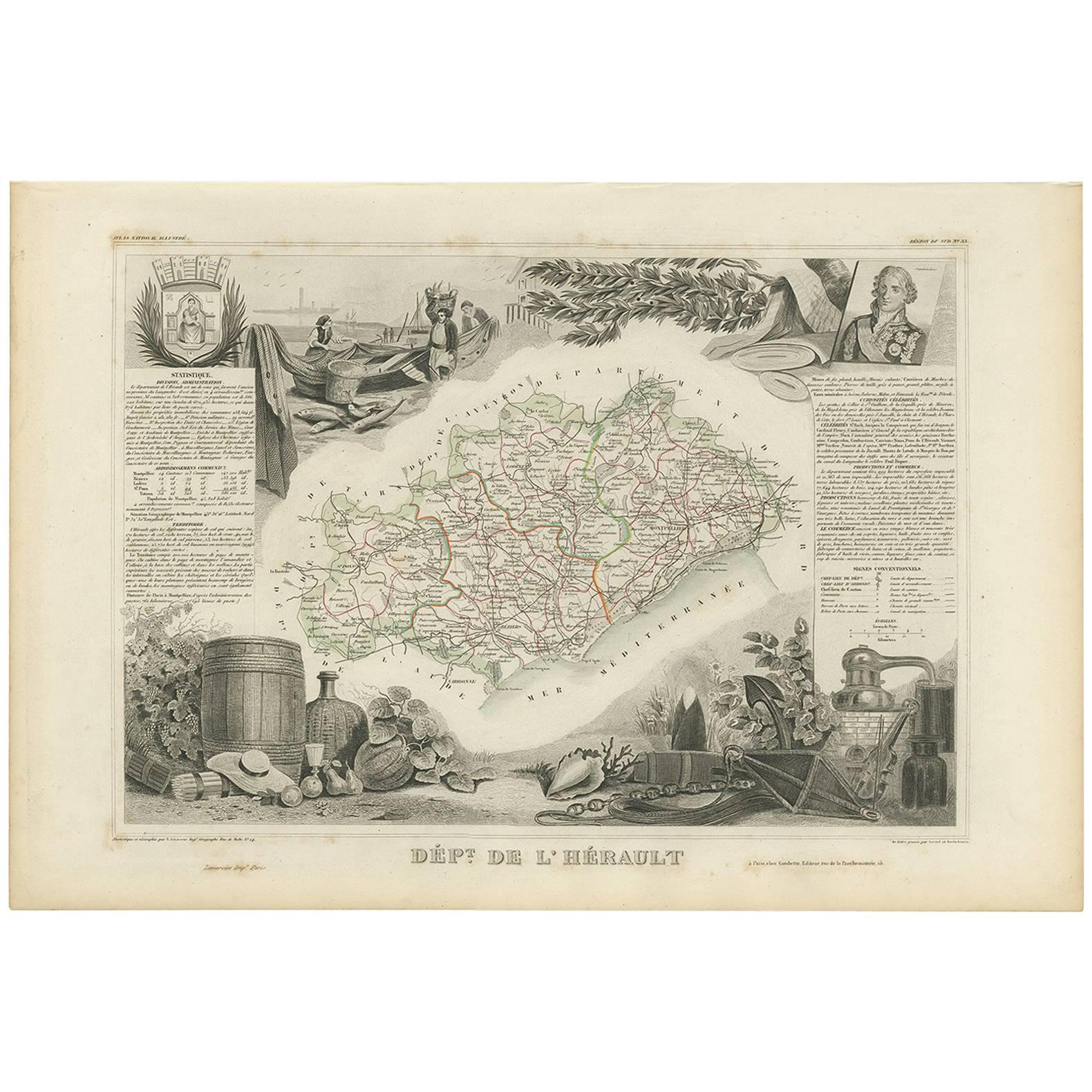 Antique Map of Hérault ‘France’ by V. Levasseur, 1854 For Sale