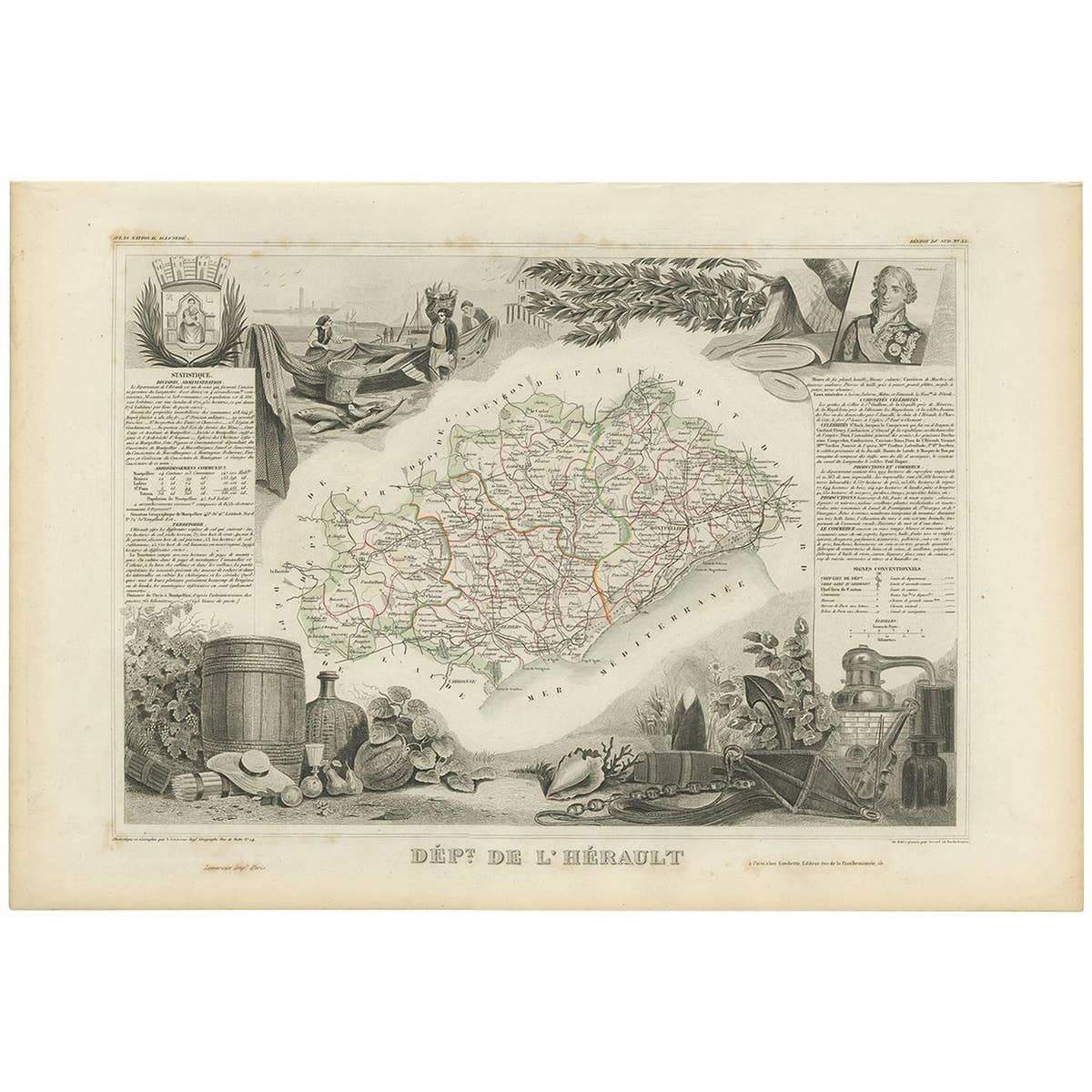 Antique Map of Hérault ‘France’ by V. Levasseur, 1854