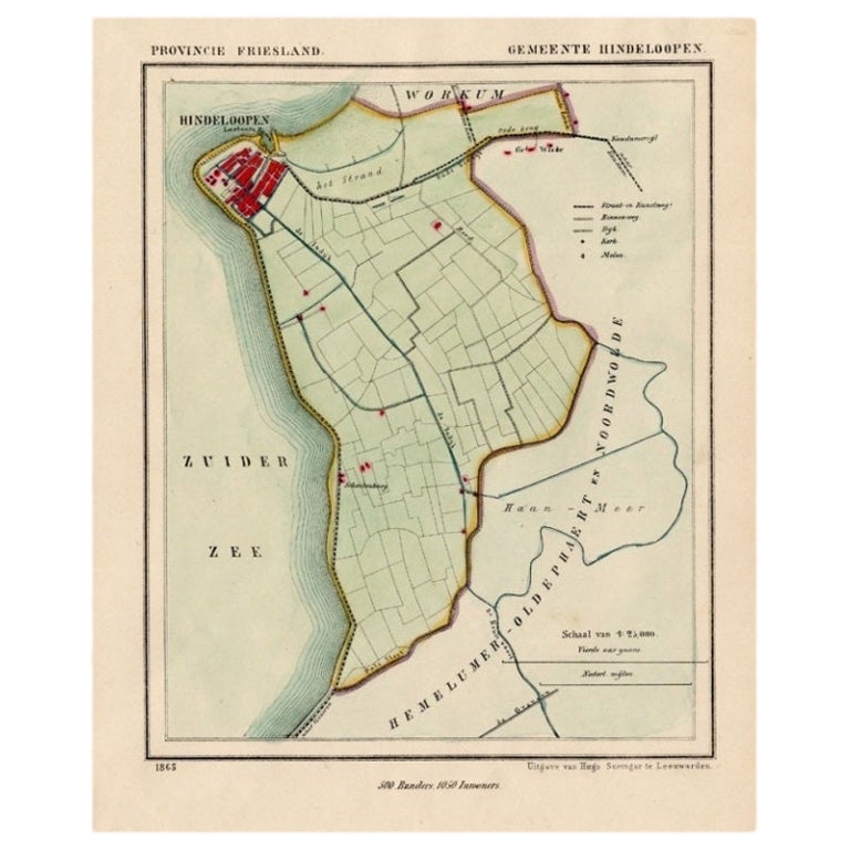 Antike Karte von Hindelopen, malerische Hafenstadt in Friesland, Holland, 1868