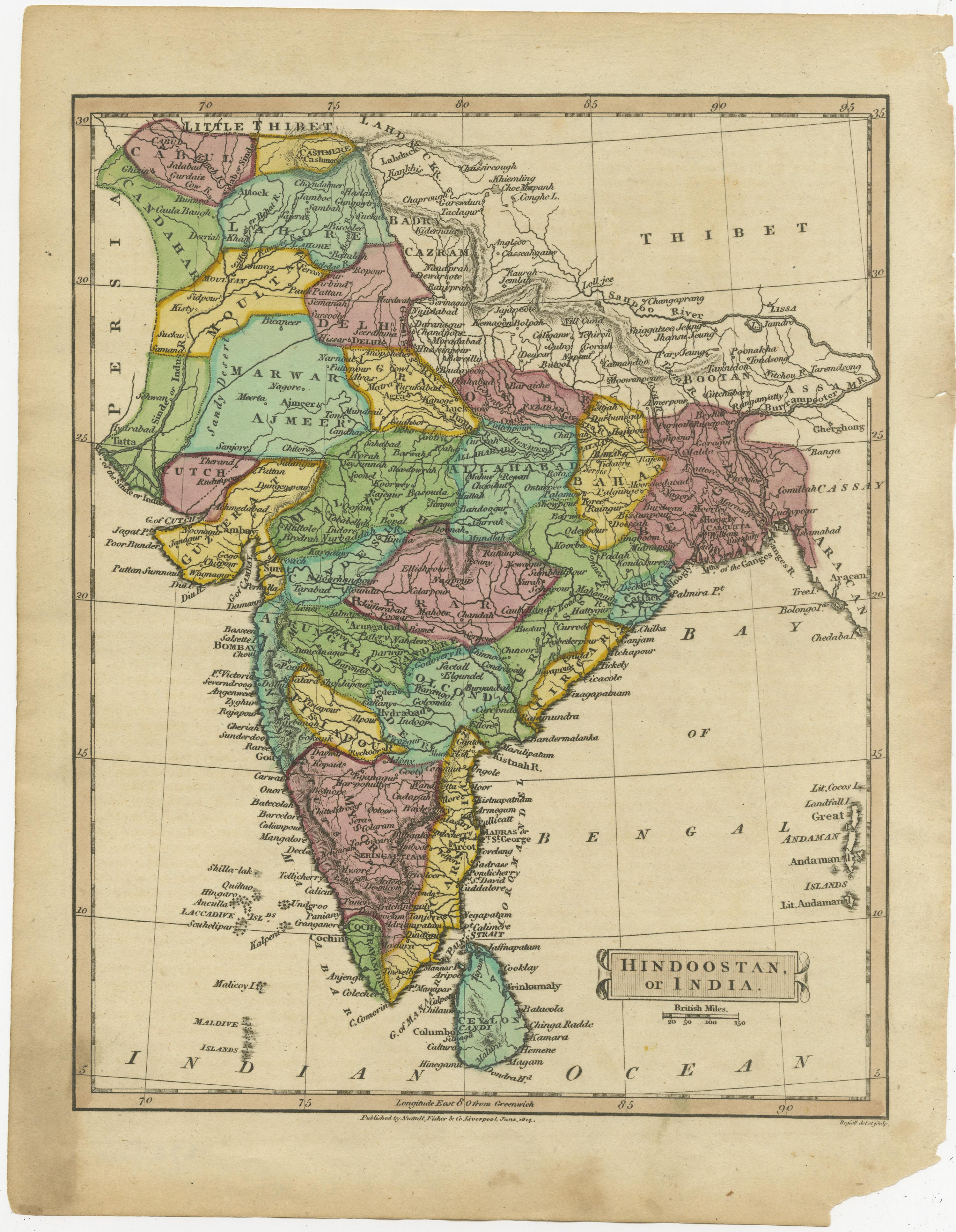 Antique map titled 'Hindoostan, or India'. Original antique map of India (Hindustan) and Sri Lanka (Ceylon). Engraved by Russell. Published by Nuttall, Fisher & Co, 1814. 