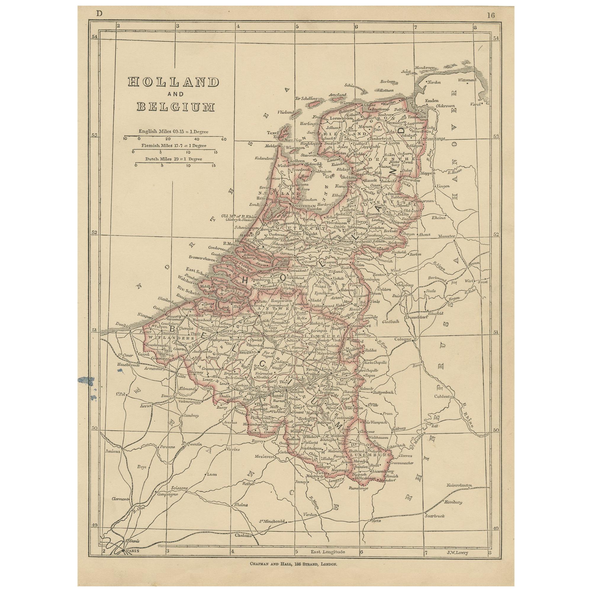 Antique Map of Holland and Belgium by Lowry, '1852' For Sale