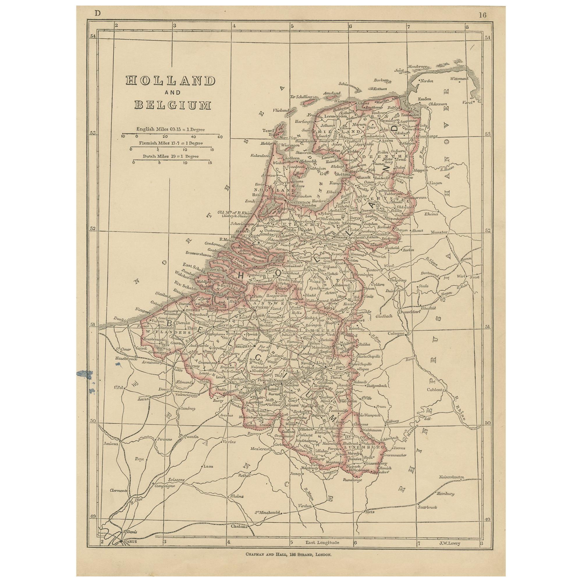 Carta geografica antica dell'Olanda e del Belgio di Lowry, 1852 in vendita