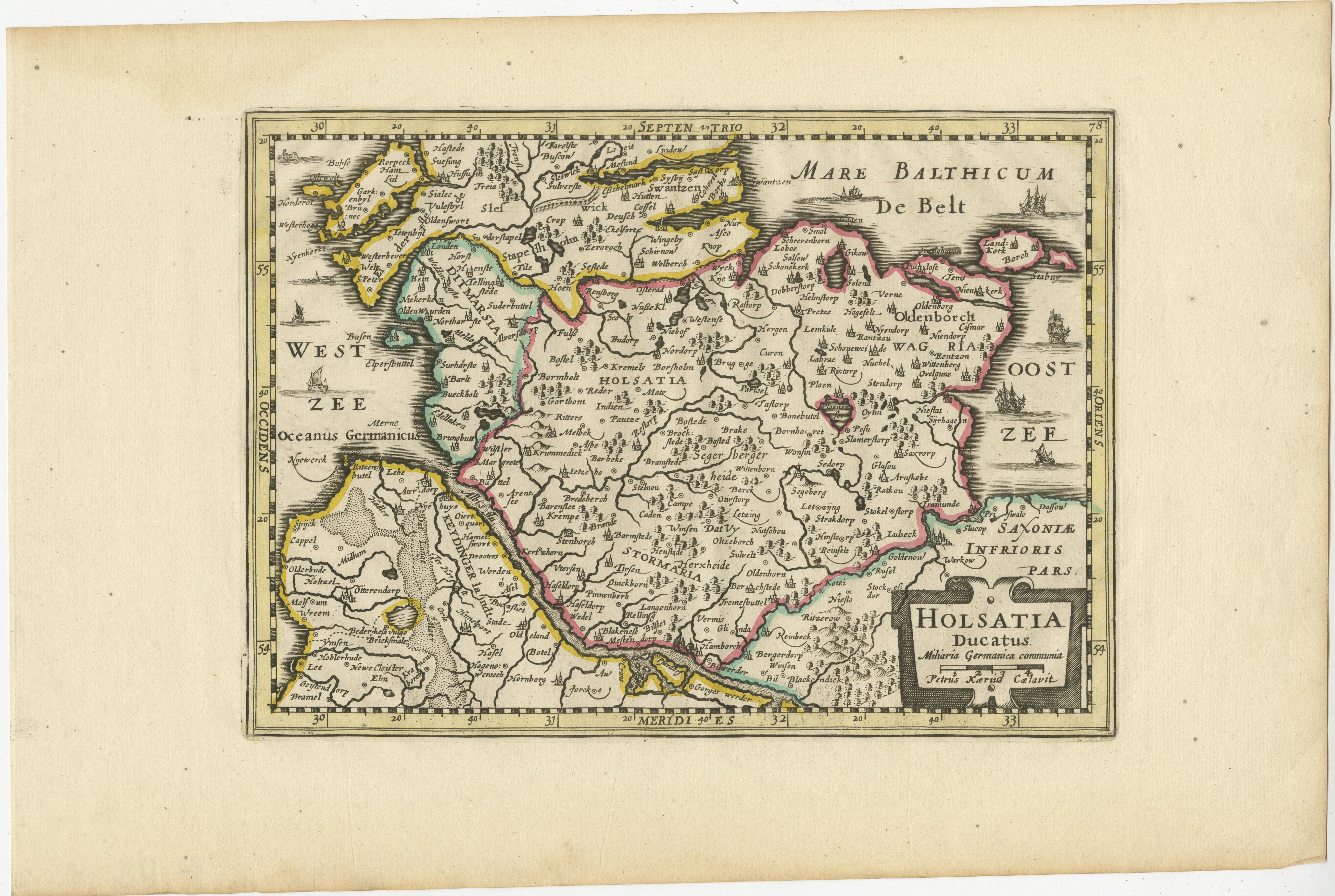 Antique map titled 'Holsatia Ducatus'. Original old map of Holstein, Germany. By Petrus Kaerius, published circa 1650. Pieter van den Keere (Latin: Petrus Kaerius 1571 – circa 1646) was a Flemish engraver, publisher and globe maker.