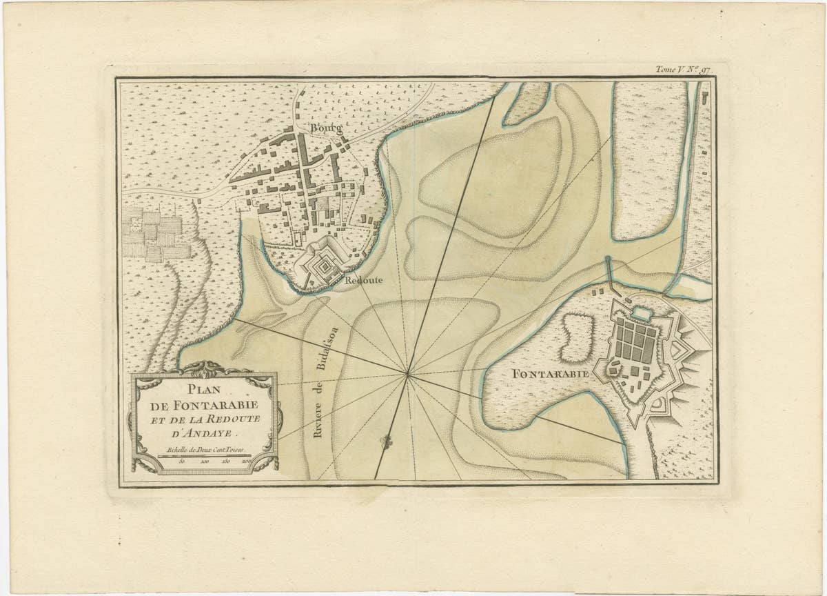 Antique Map of Hondarribia Near the Bidasoa River, France & Spain