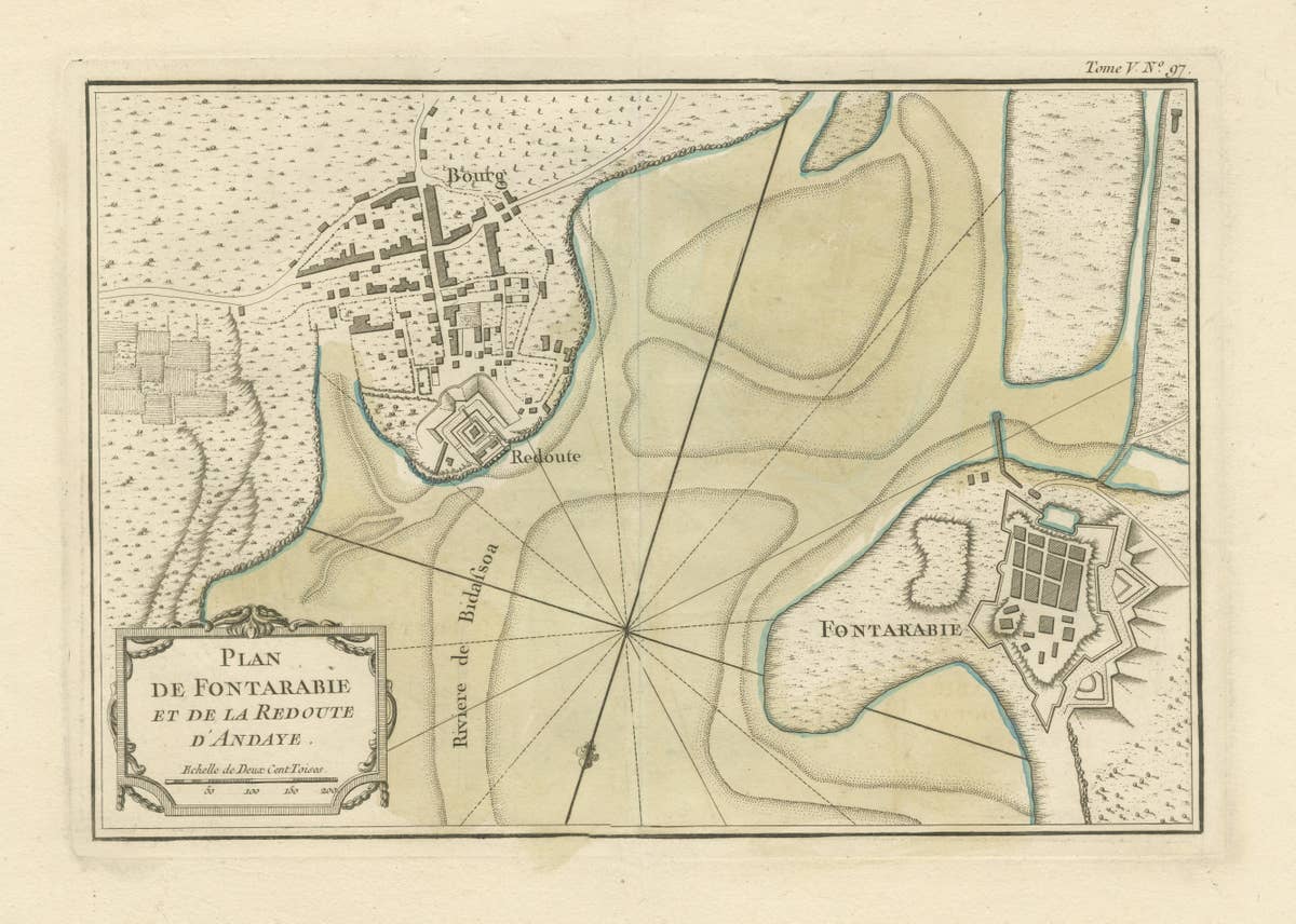 Antique Map of Hondarribia Near the Bidasoa River, France & Spain
