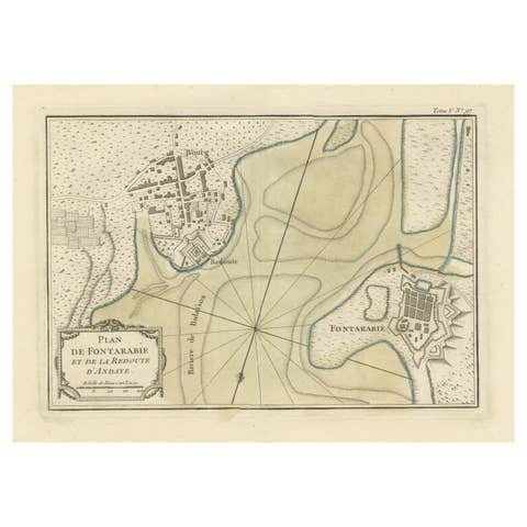 Antique Map of Hondarribia Near the Bidasoa River, France & Spain