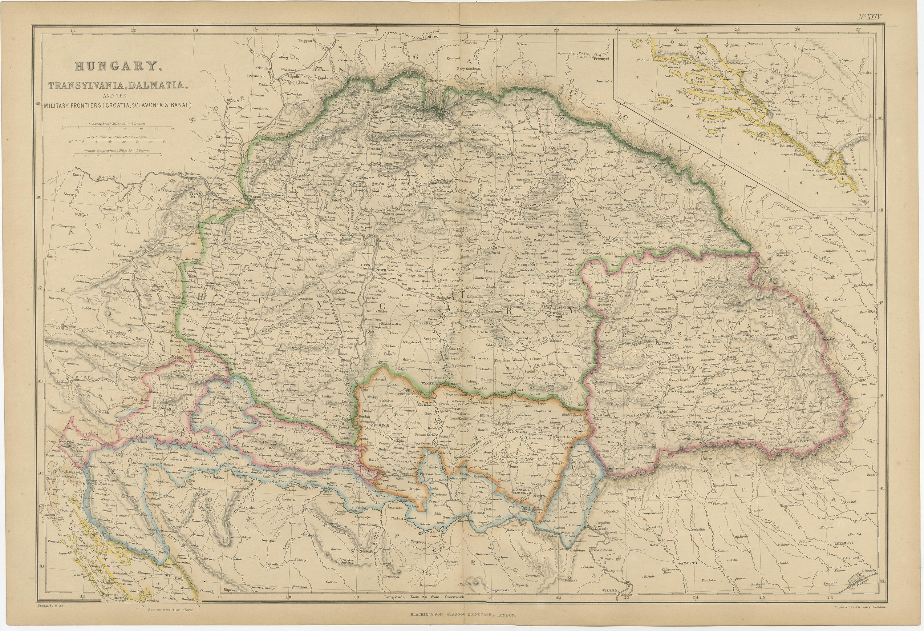 Antique Map of Hungary, Transylvania and Dalmatia by W. G. Blackie, 1859 In Good Condition For Sale In Langweer, NL