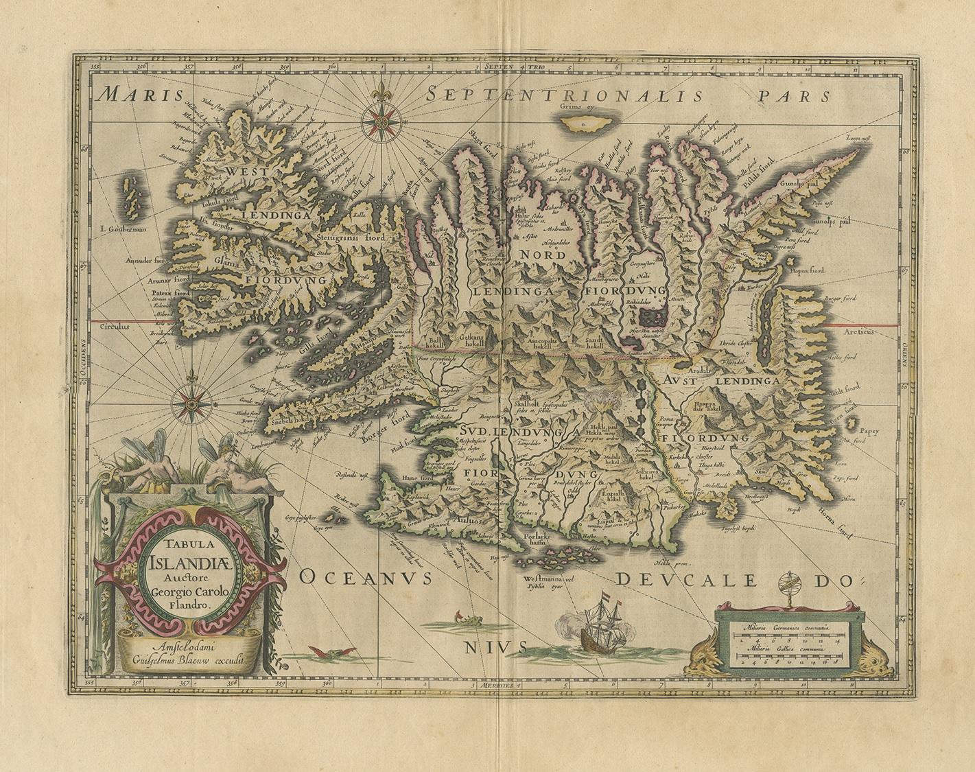 Antique map titled 'Tabula Islandiae'. Beautiful map of Iceland, including an erupting volcano, sea monsters, sailing ships, decorative cartouches, compass rose and the spectacular landscape of Iceland. Published by G. Blaeu, circa 1640.