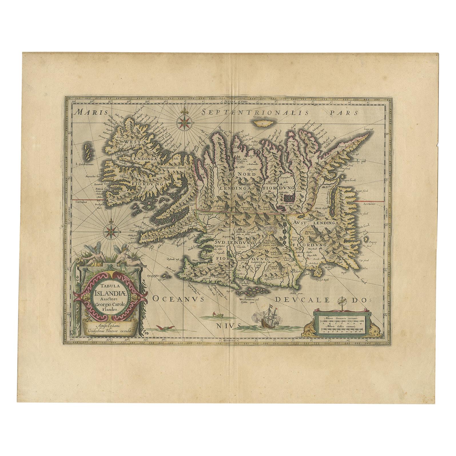 Antique Map of Iceland by Blaeu, circa 1640