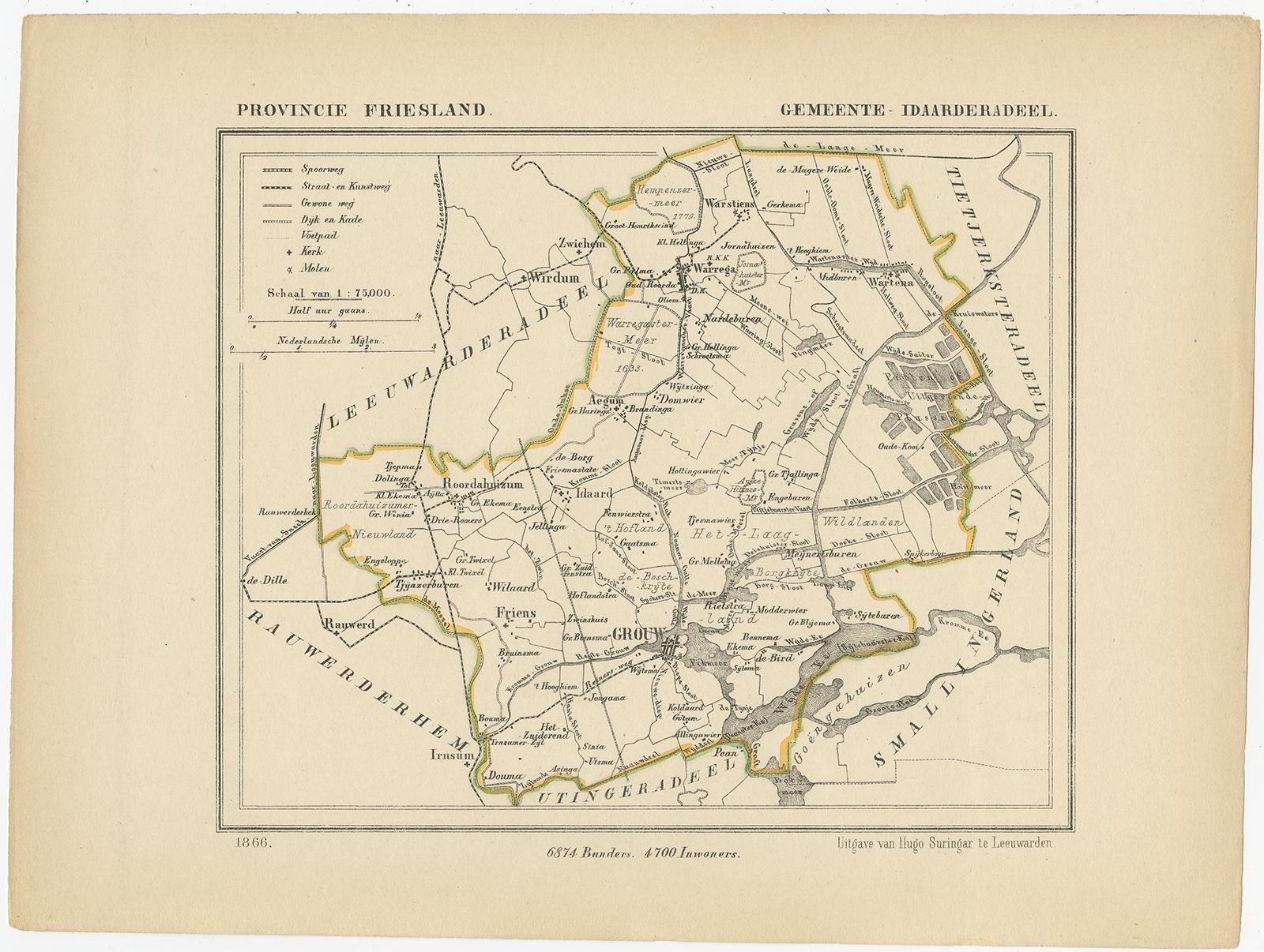 Antique map titled 'Provincie Friesland - Gemeente Idaarderadeel'. 

Map of the township of Idaarderadeel including Wirdum, Grou, Idaard, Warga and many other villages. This map originates from 'Gemeente-Atlas van Nederland' by J. Kuyper.