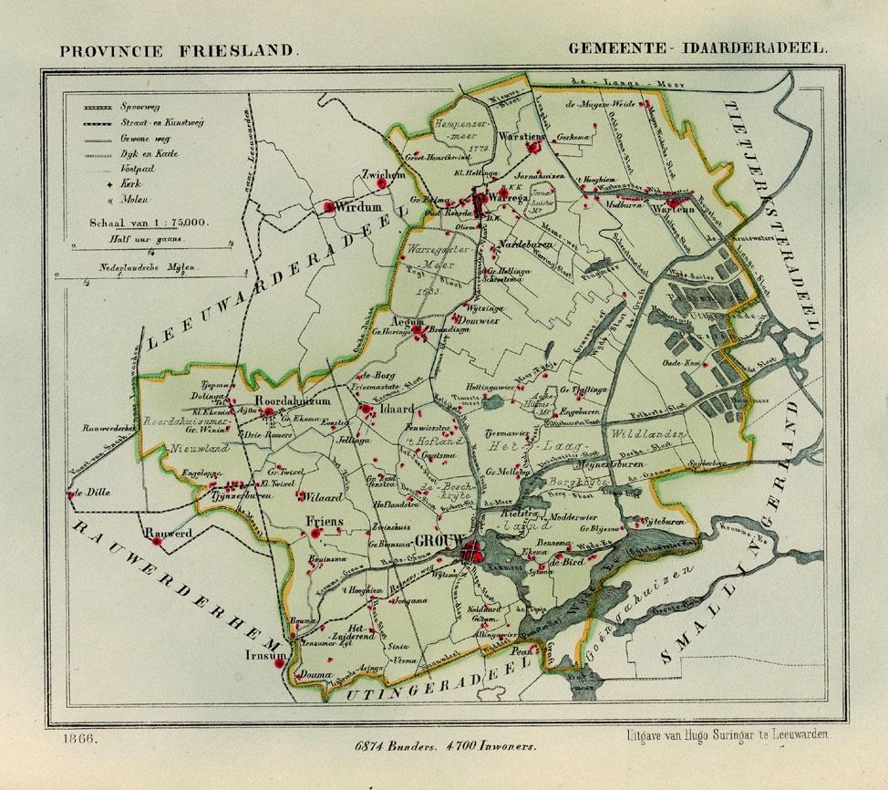 19th Century Antique Map of Idaarderadeel, Township In Frieslands, The Netherlands, 1868 For Sale