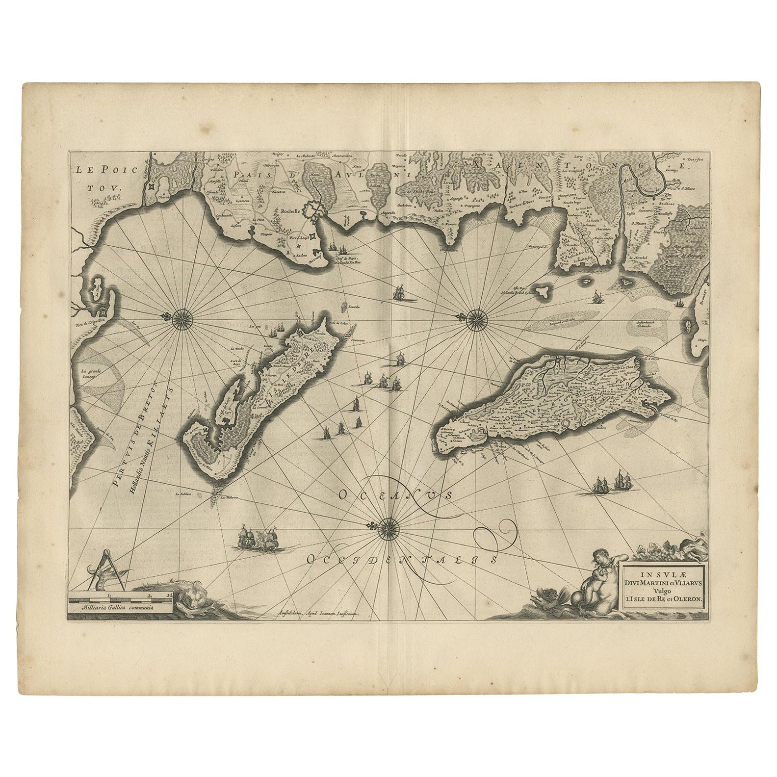 Antique Map of Île de Ré and Île d'Oléron by Janssonius, 1657 For Sale