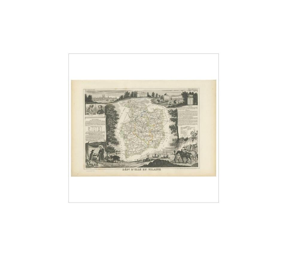 19th Century Antique Map of Ille et Vilaine ‘France’ by V. Levasseur, 1854 For Sale