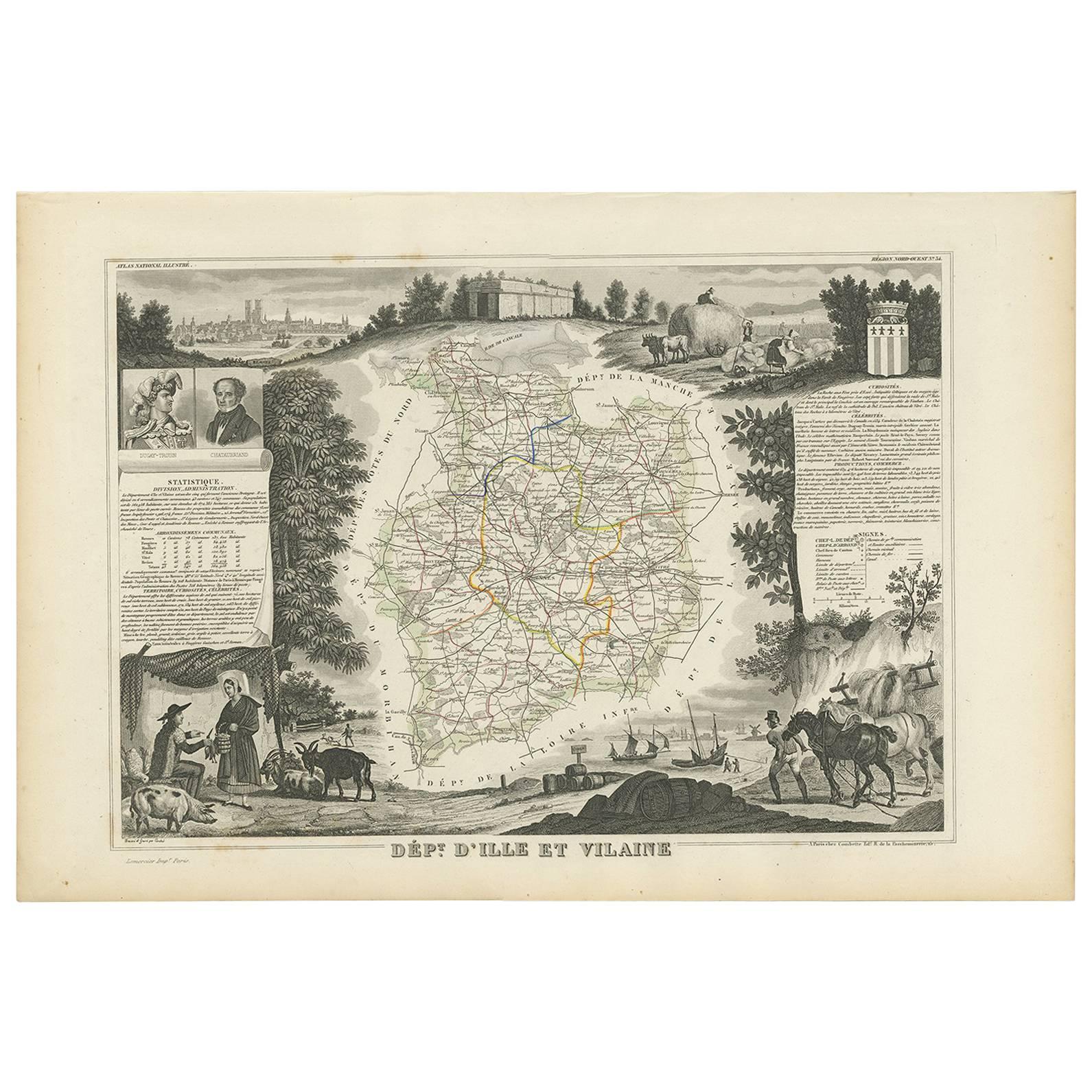 Antique Map of Ille et Vilaine ‘France’ by V. Levasseur, 1854 For Sale