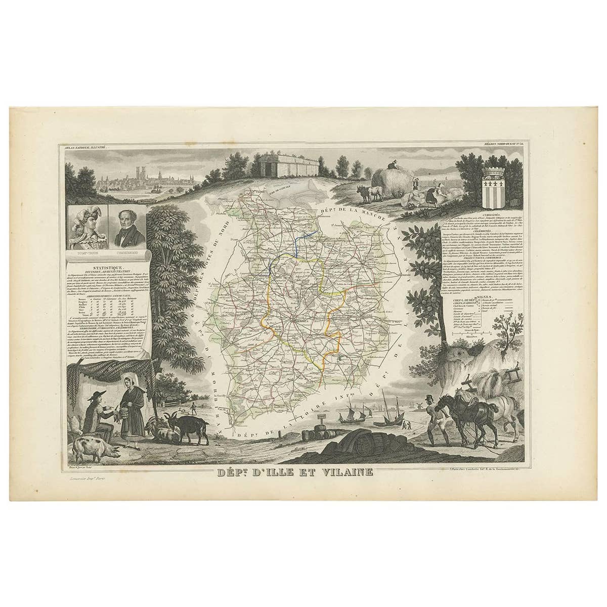 Antique Map of Ille et Vilaine ‘France’ by V. Levasseur, 1854