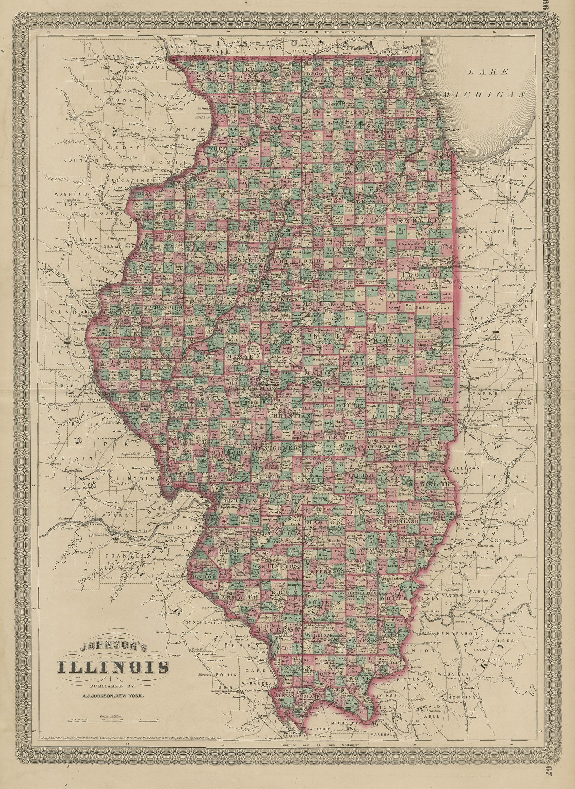 Antike Karte mit dem Titel 'Johnson's Illinois'. Original-Landkarte von Illinois. Diese Karte stammt aus 'Johnson's New Illustrated Family Atlas of the World' von A.J. Johnson. Veröffentlicht, 1872.