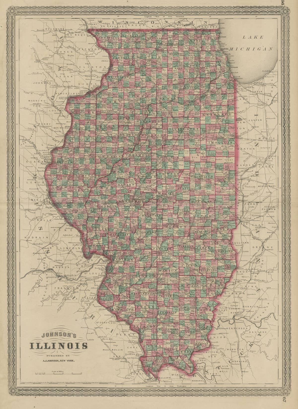 Antique Map of Illinois by Johnson, 1872