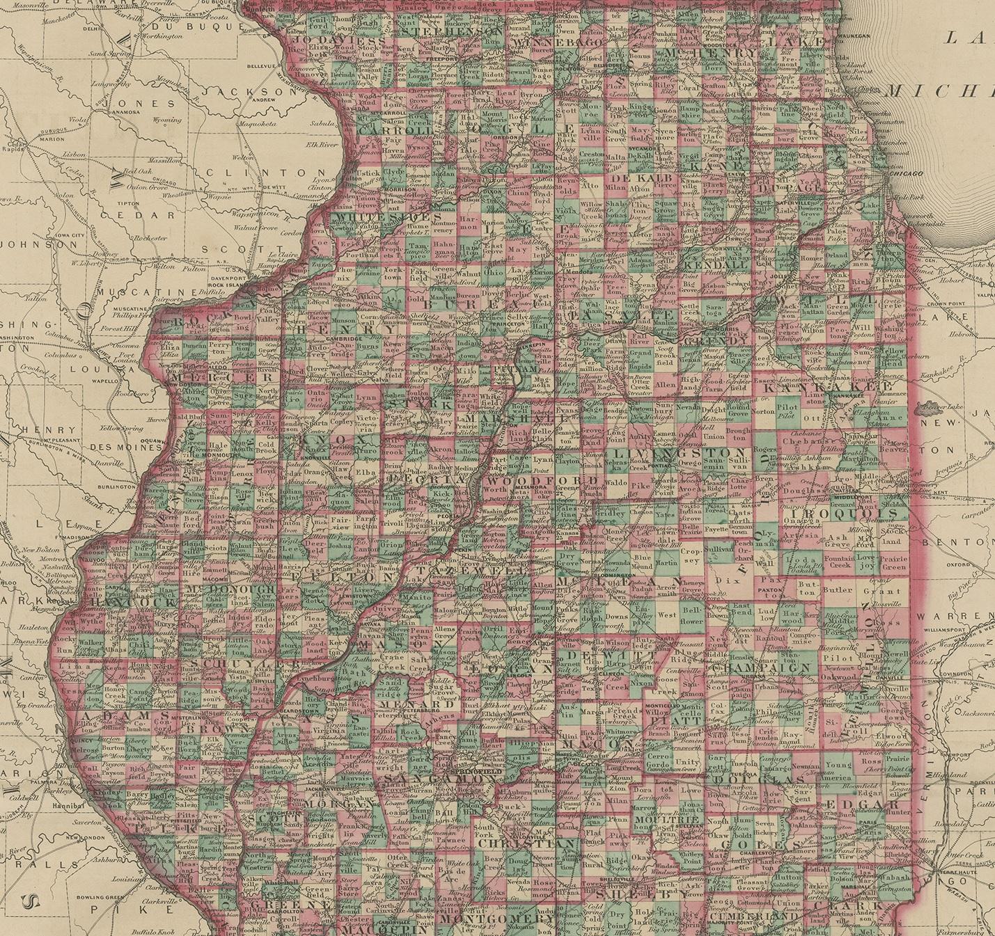 Carte ancienne de l'Illinois par Johnson, 1872 État moyen - En vente à Langweer, NL