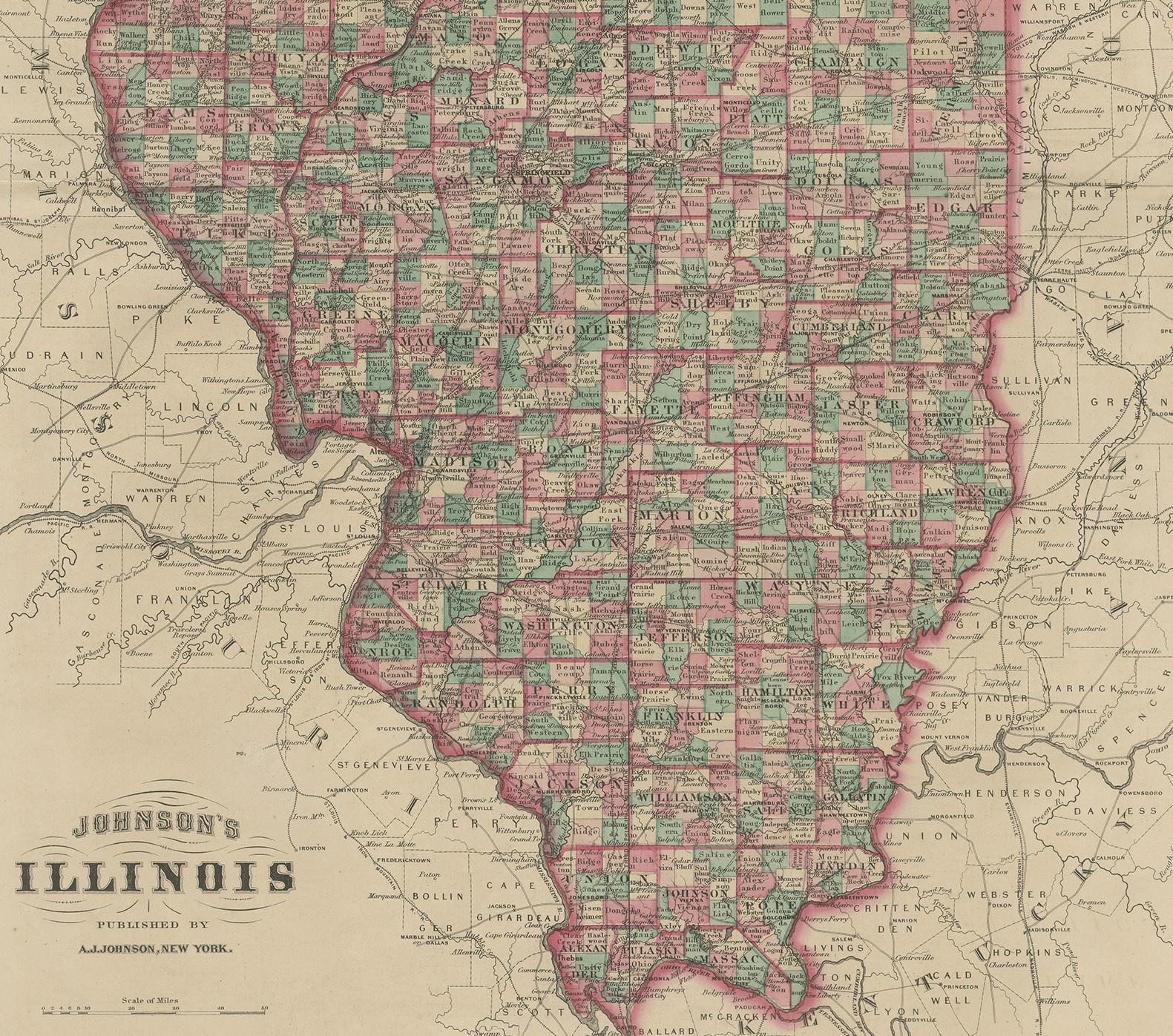 XIXe siècle Carte ancienne de l'Illinois par Johnson, 1872 en vente