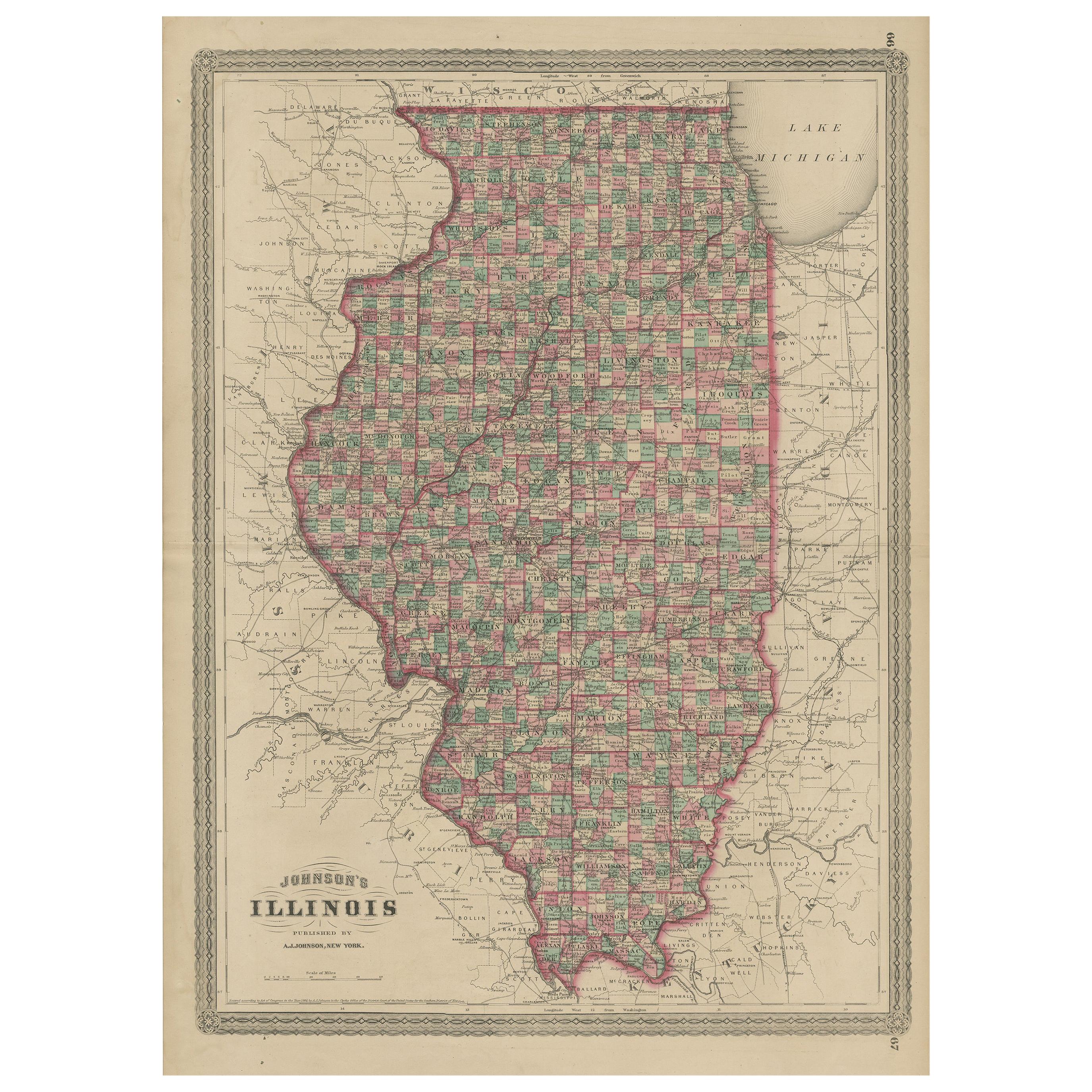 Antique Map of Illinois by Johnson, 1872 For Sale