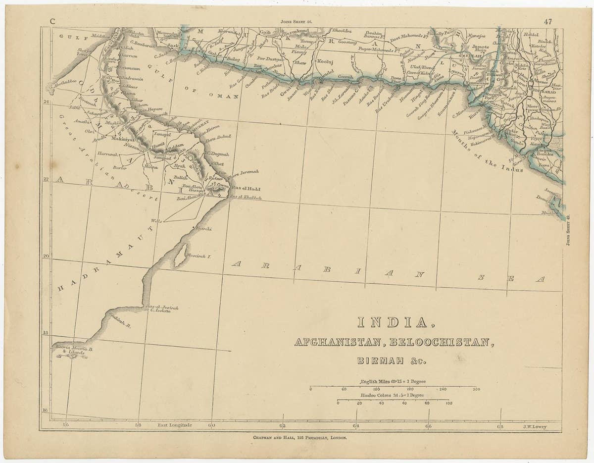 Antique Map of India, Afghanistan, Balochistan and surroundings by Lowry, '1852'