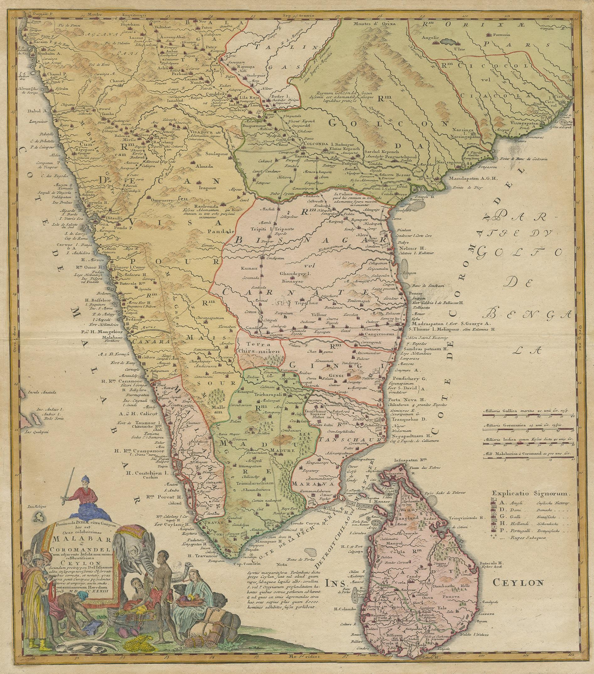 Antique map titled 'Peninsula Indiae citra Gangem, hoc est Orae Celeberrimae Malabar & Coromandel. Cum Adjacente Insula non Minus Celebratissima Ceylon'. Original antique map of the southern part of India and Sri Lanka (Ceylon), with colonial