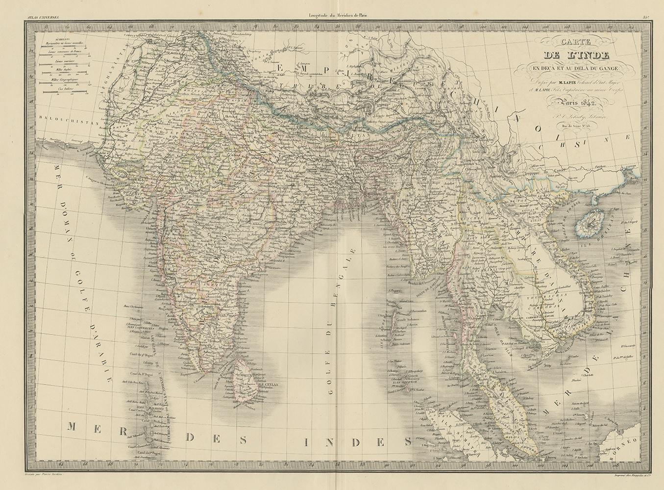 Antique map titled 'Carte de l'Inde en deca et au dela du Gange'. Map of India and Ceylon (Sri Lanka). This map originates from 'Atlas universel de géographie ancienne et moderne (..)' by Pierre M. Lapie and Alexandre E. Lapie. Pierre M. Lapie was a