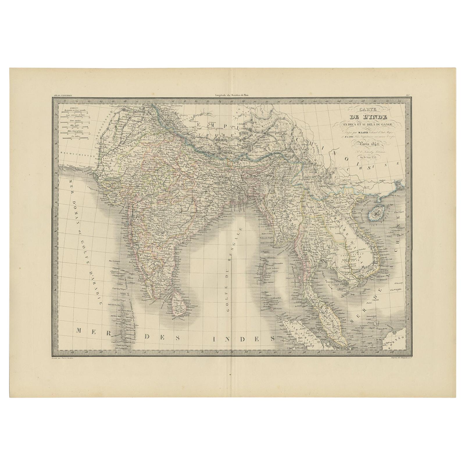 Carte ancienne de l'Inde et de Ceylan par Lapie:: 1842