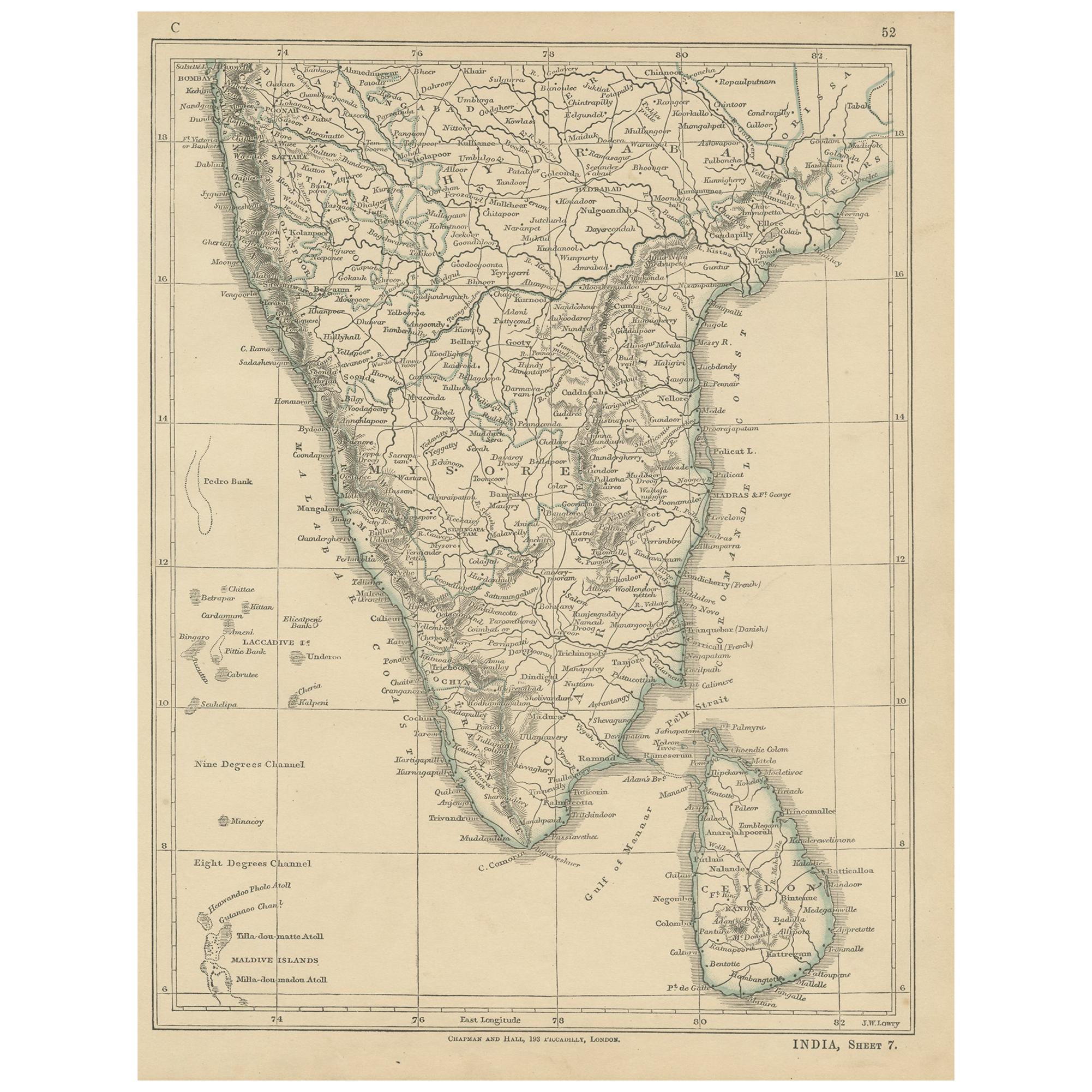 Antique Map of India and Ceylon by Lowry, '1852'