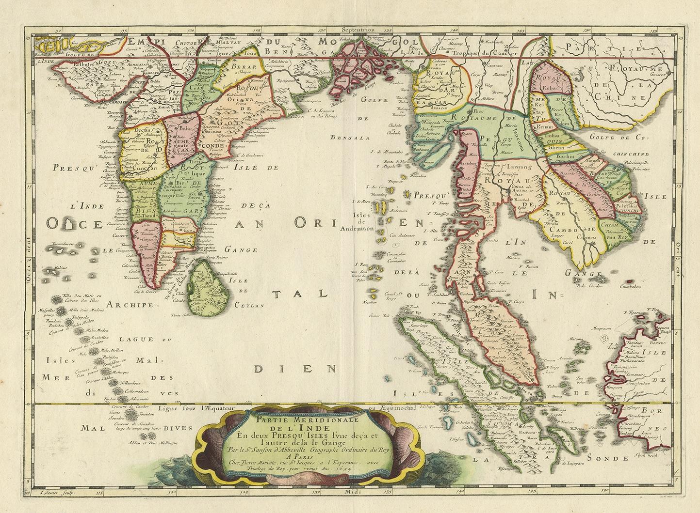 Antique map titled 'Partie Meridionale de l'Inde'. Early map of India and Southeast Asia. The map shows most of modern India, Bangladesh and Burma, the whole of Sri Lanka, Thailand, Malaysia, Laos, Cambodia, and Vietnam, and parts of Indonesia and