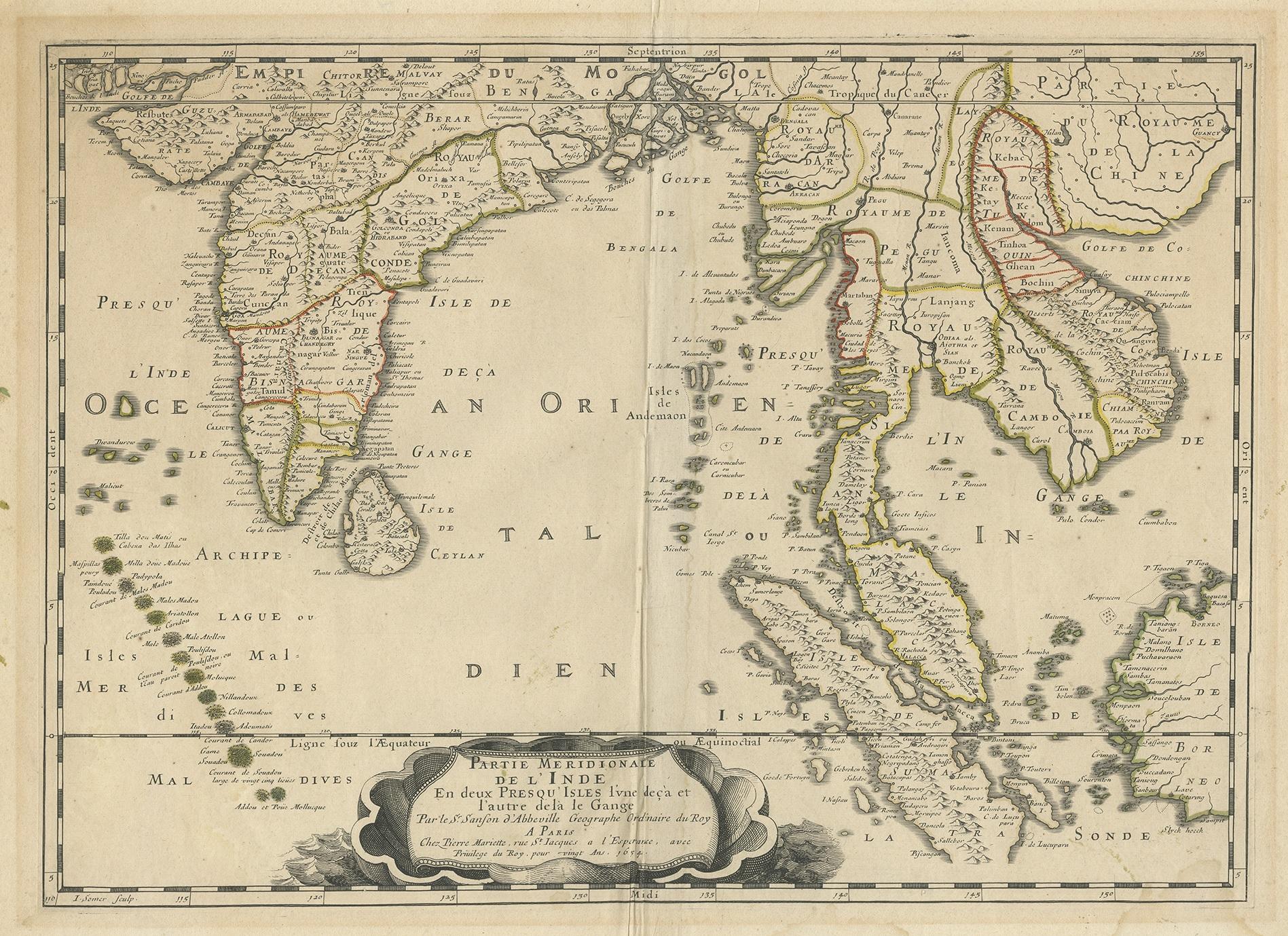Antique map titled 'artie Meridionale de l'Inde en Deux Presqu'Isles, l'une deca et l'autre dela le Gange (..)'. Early map of India and Southeast Asia. The map shows most of modern India, Bangladesh and Burma, the whole of Sri Lanka, Thailand,