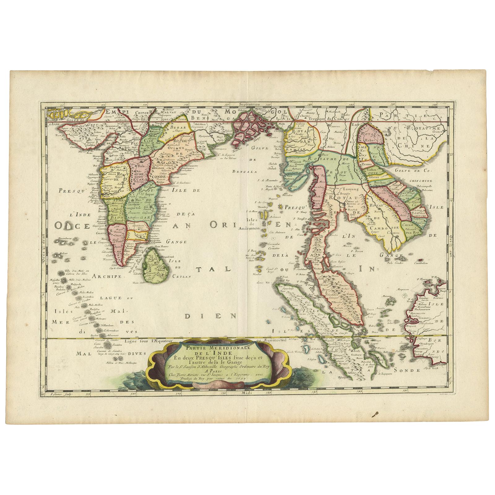 Antique Map of India and Southeast Asia by Sanson '1654' For Sale