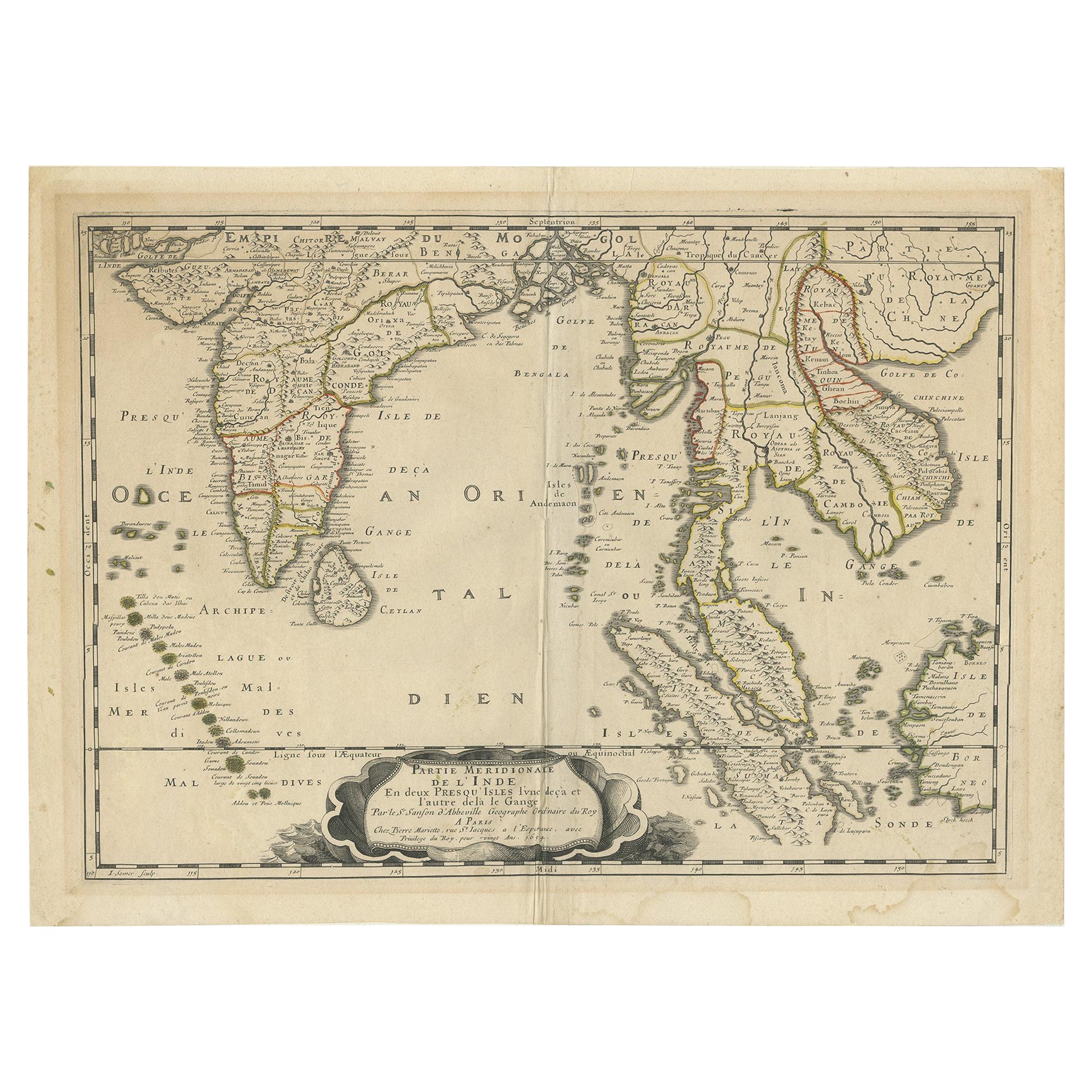 Antique Map of India and Southeast Asia by Sanson, '1654'