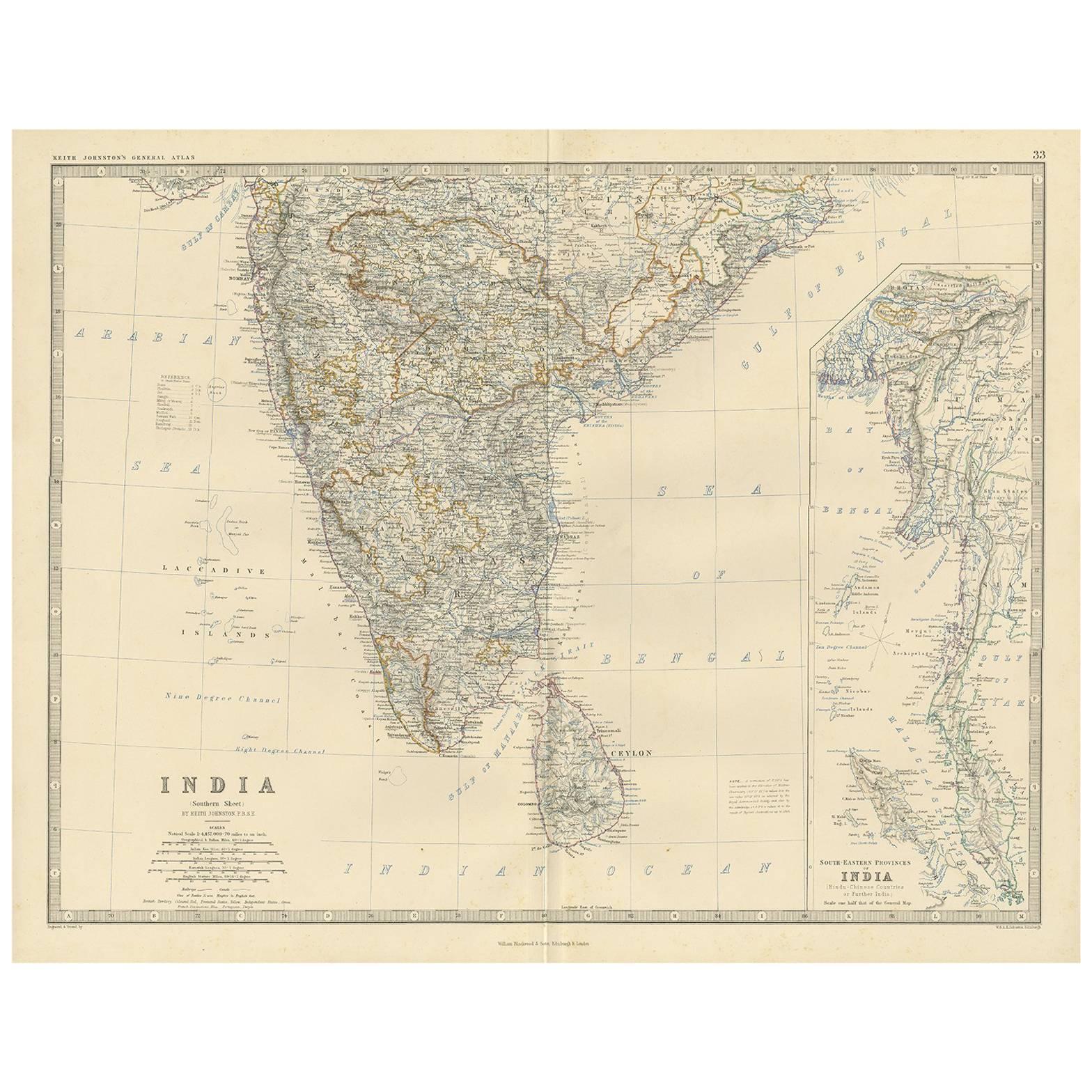 Antique Map of India by A.K. Johnston, 1865