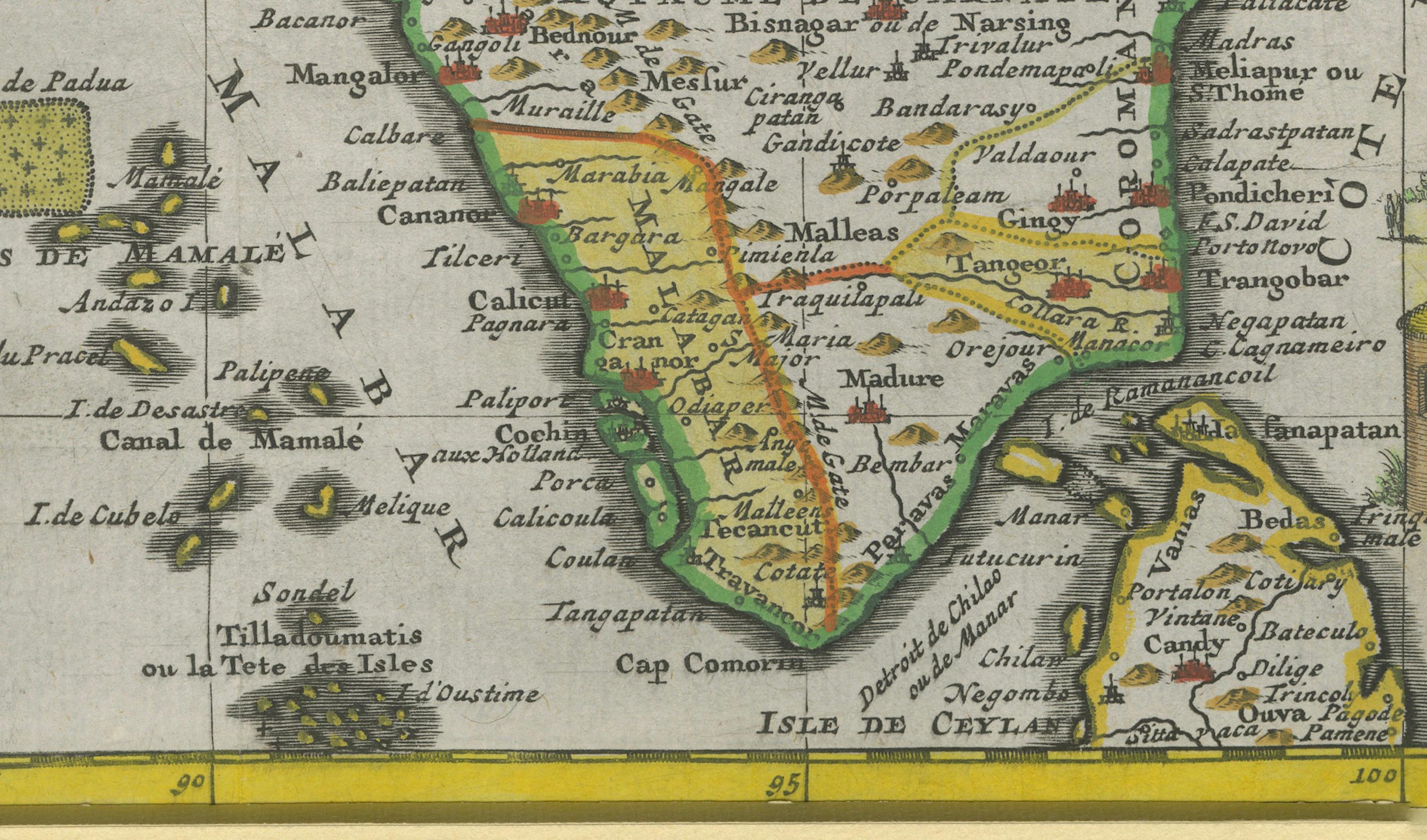 Carte ancienne intitulée 'L'Inde de ca le Gange (...)'. Belle carte ancienne originale englobant la majeure partie de l'Inde, réalisée à l'apogée de l'expansion impériale moghole. La carte englobe la majeure partie de l'Inde et du Sri Lanka,