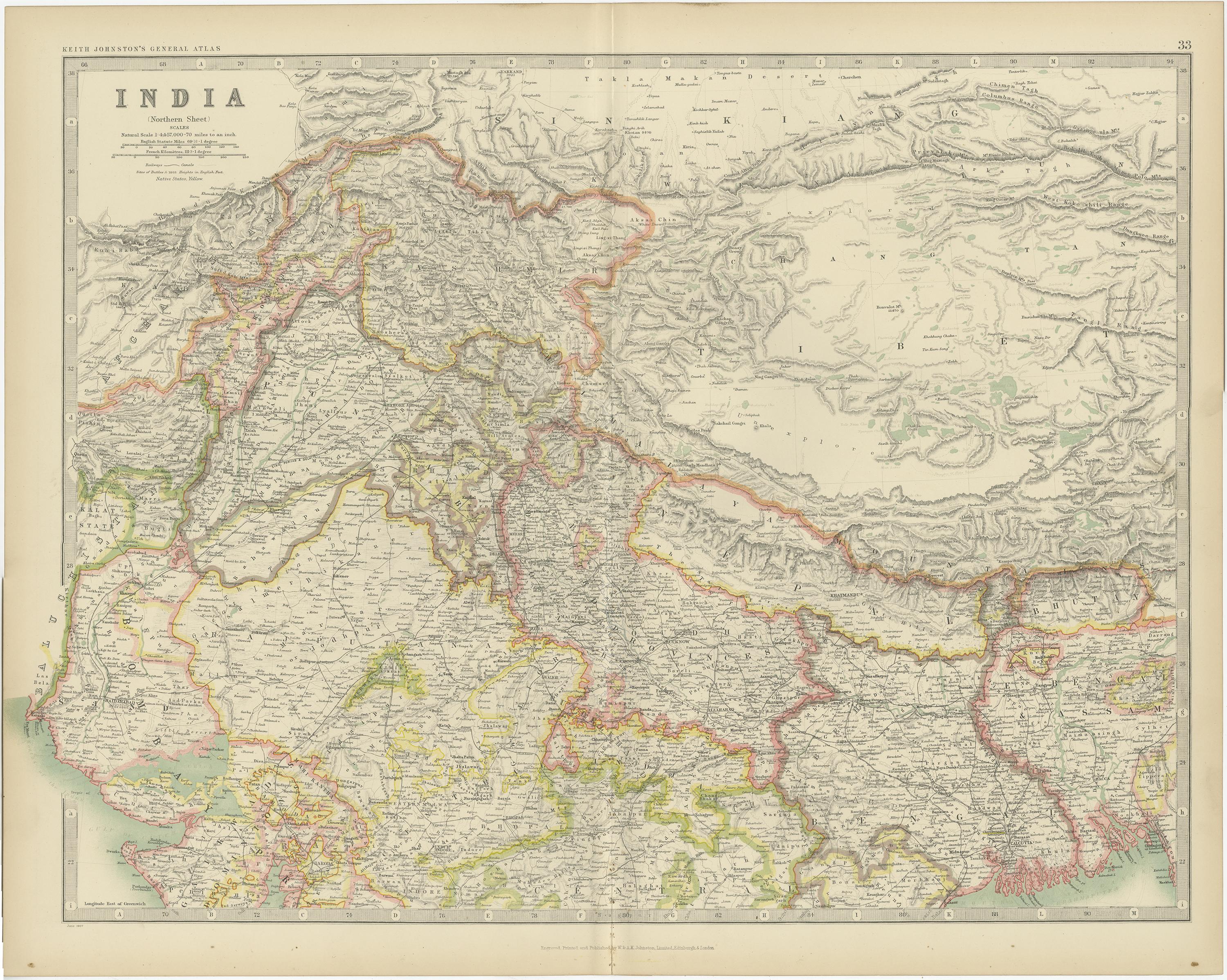 Carte ancienne de l'Inde 'Northn' par Johnston '1909' Bon état - En vente à Langweer, NL