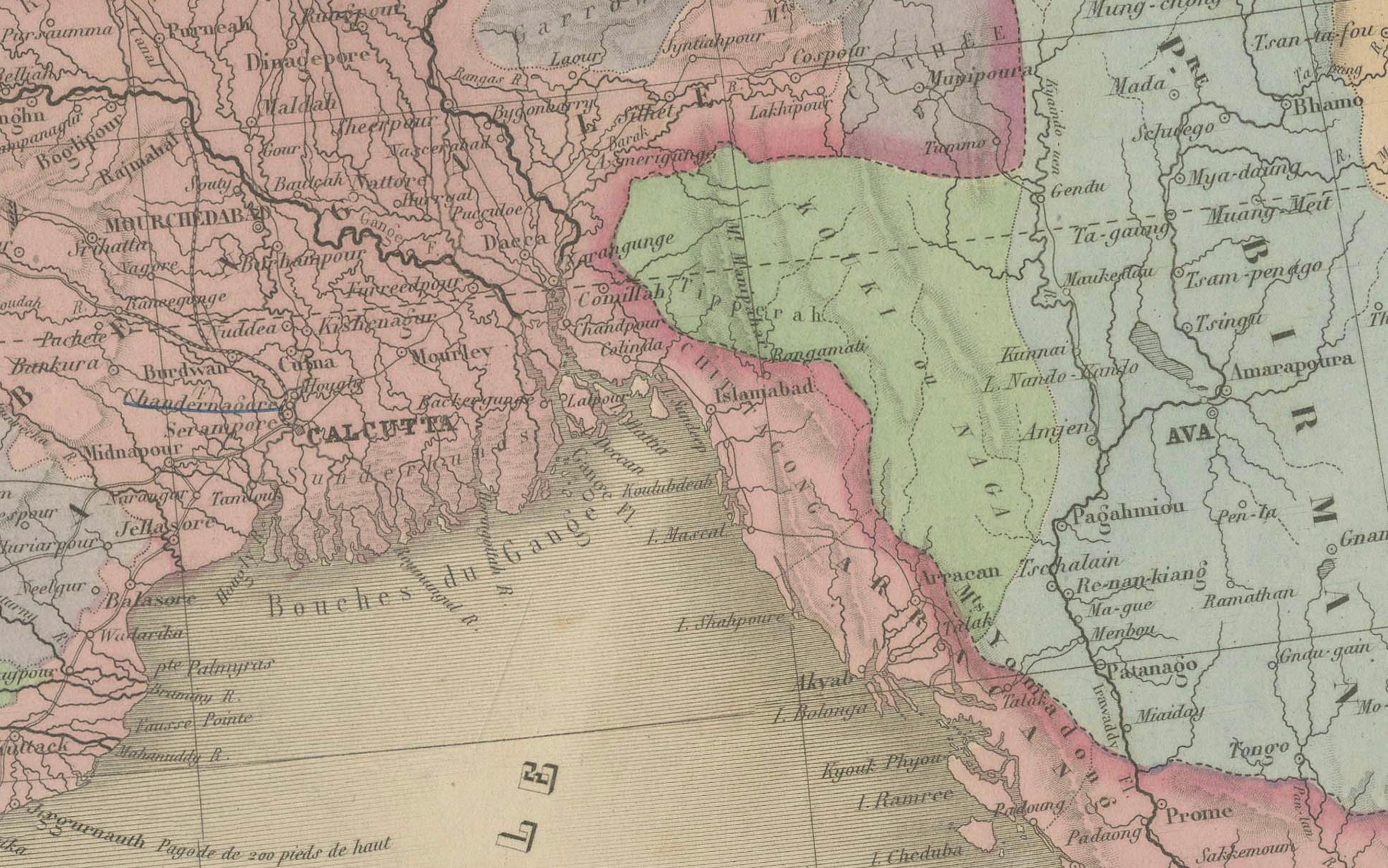 Mapa antiguo de la India, Persia y Afganistán - Grabado continental detallado 1864 Francés en venta