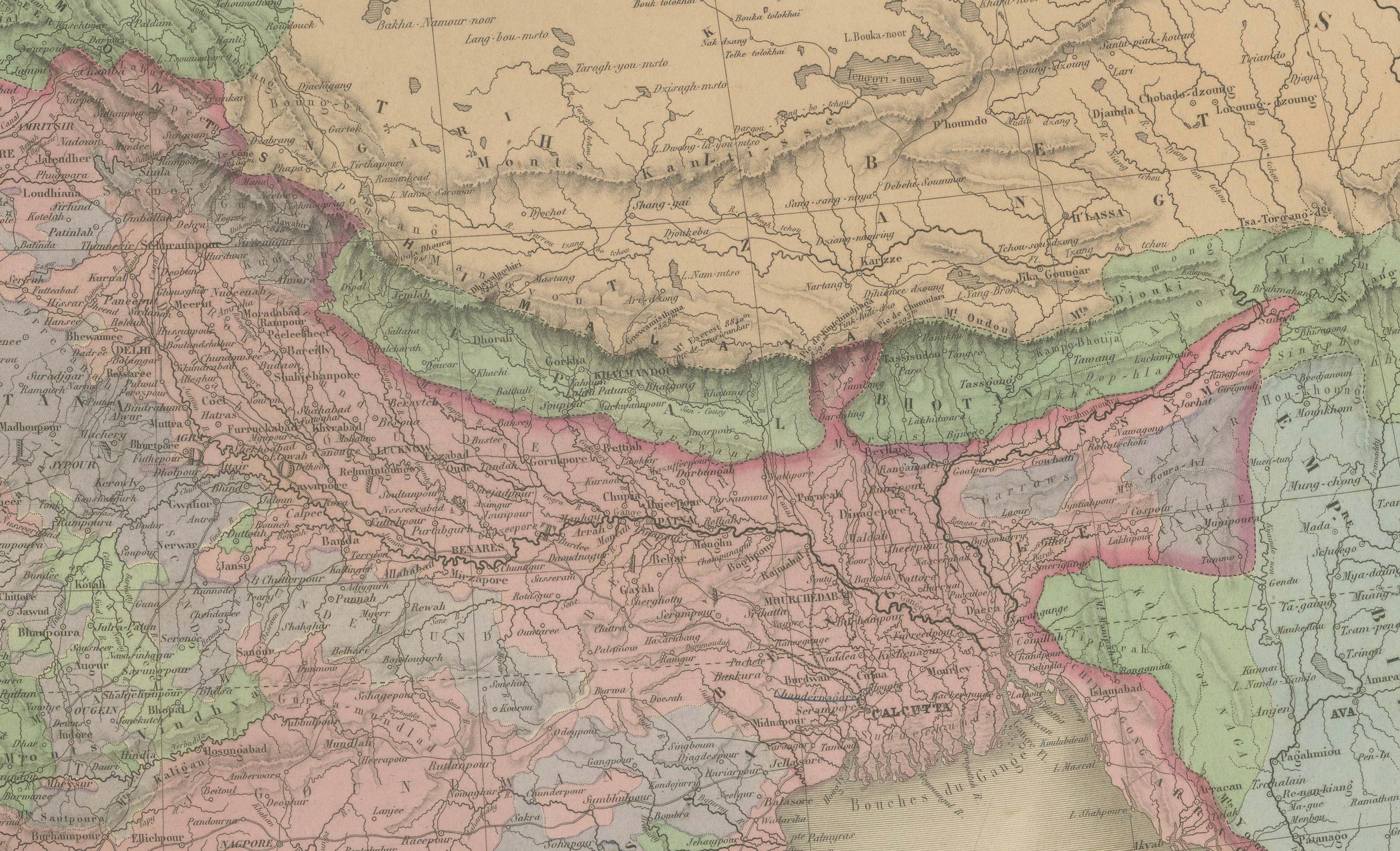 Mapa antiguo de la India, Persia y Afganistán - Grabado continental detallado 1864 siglo XIX en venta