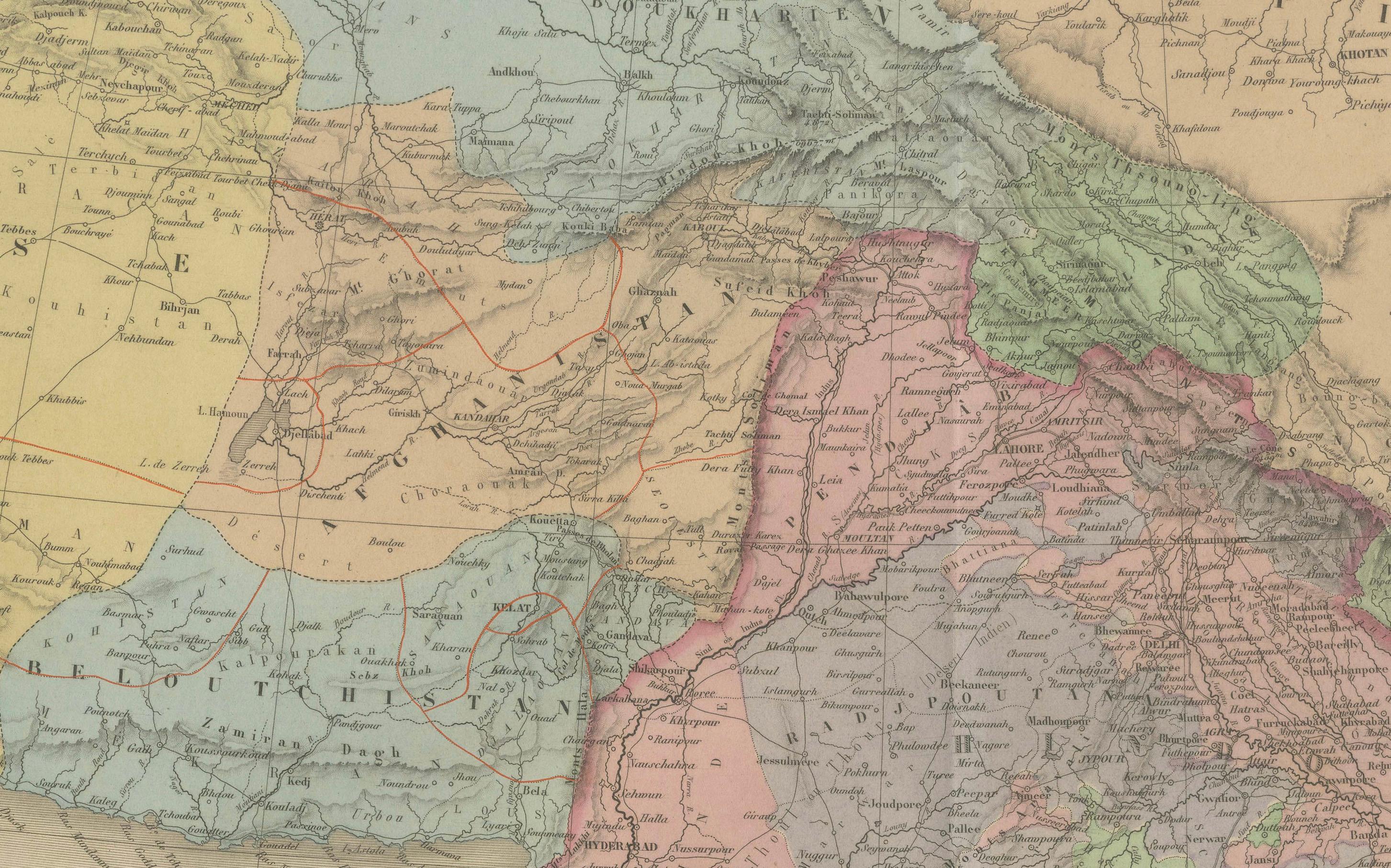 Mapa antiguo de la India, Persia y Afganistán - Grabado continental detallado 1864 Papel en venta