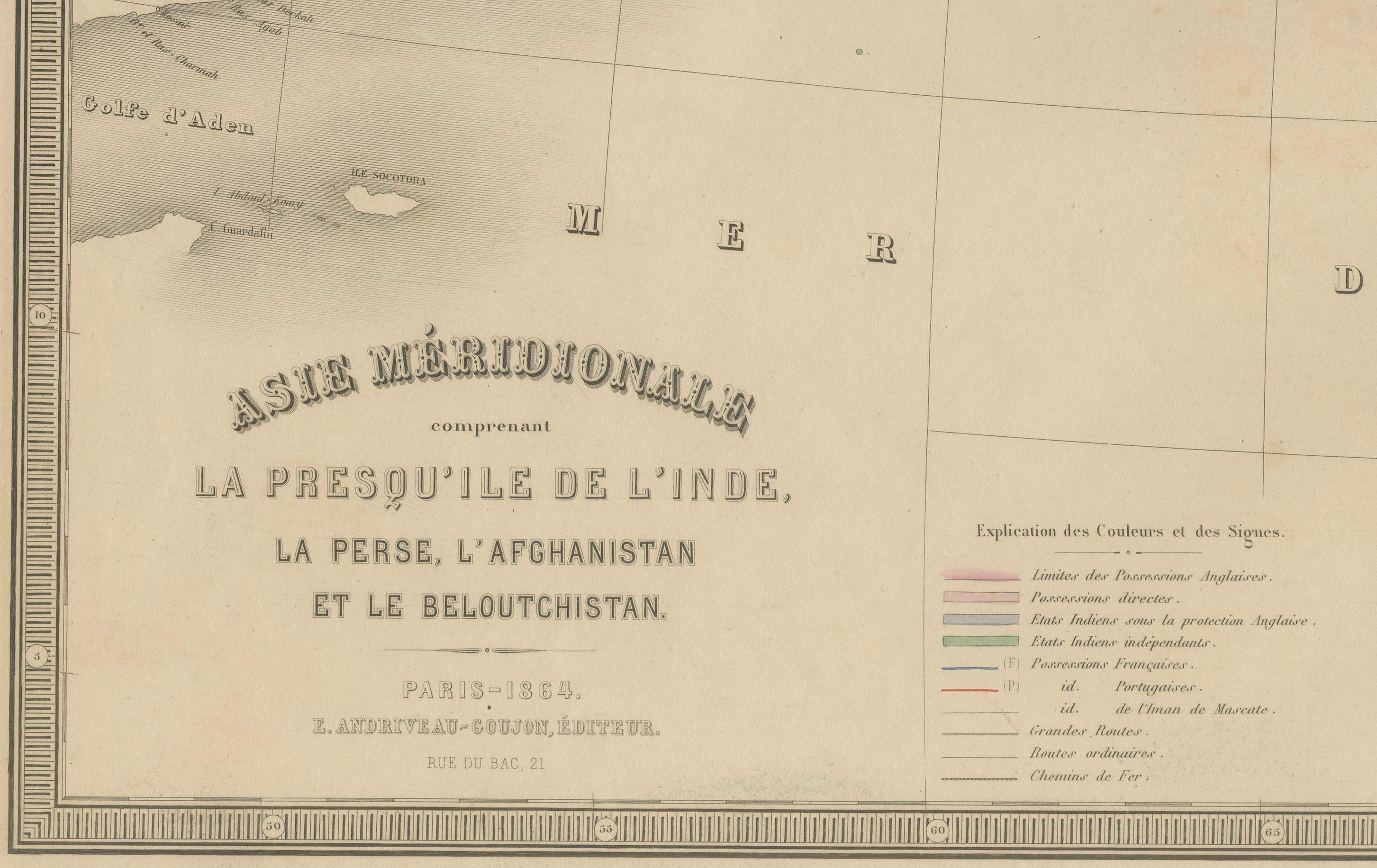Mapa antiguo de la India, Persia y Afganistán - Grabado continental detallado 1864 en venta 1