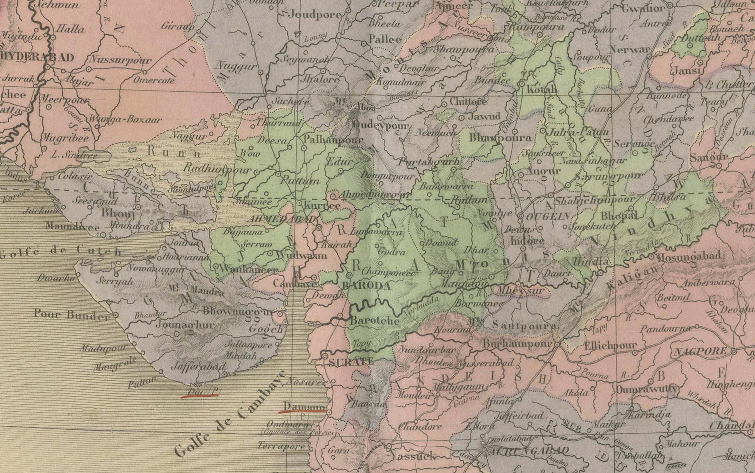 Mapa antiguo de la India, Persia y Afganistán - Grabado continental detallado 1864 en venta 2