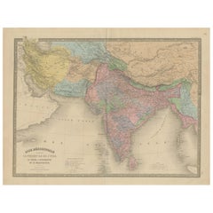 Mapa antiguo de la India, Persia y Afganistán - Grabado continental detallado 1864