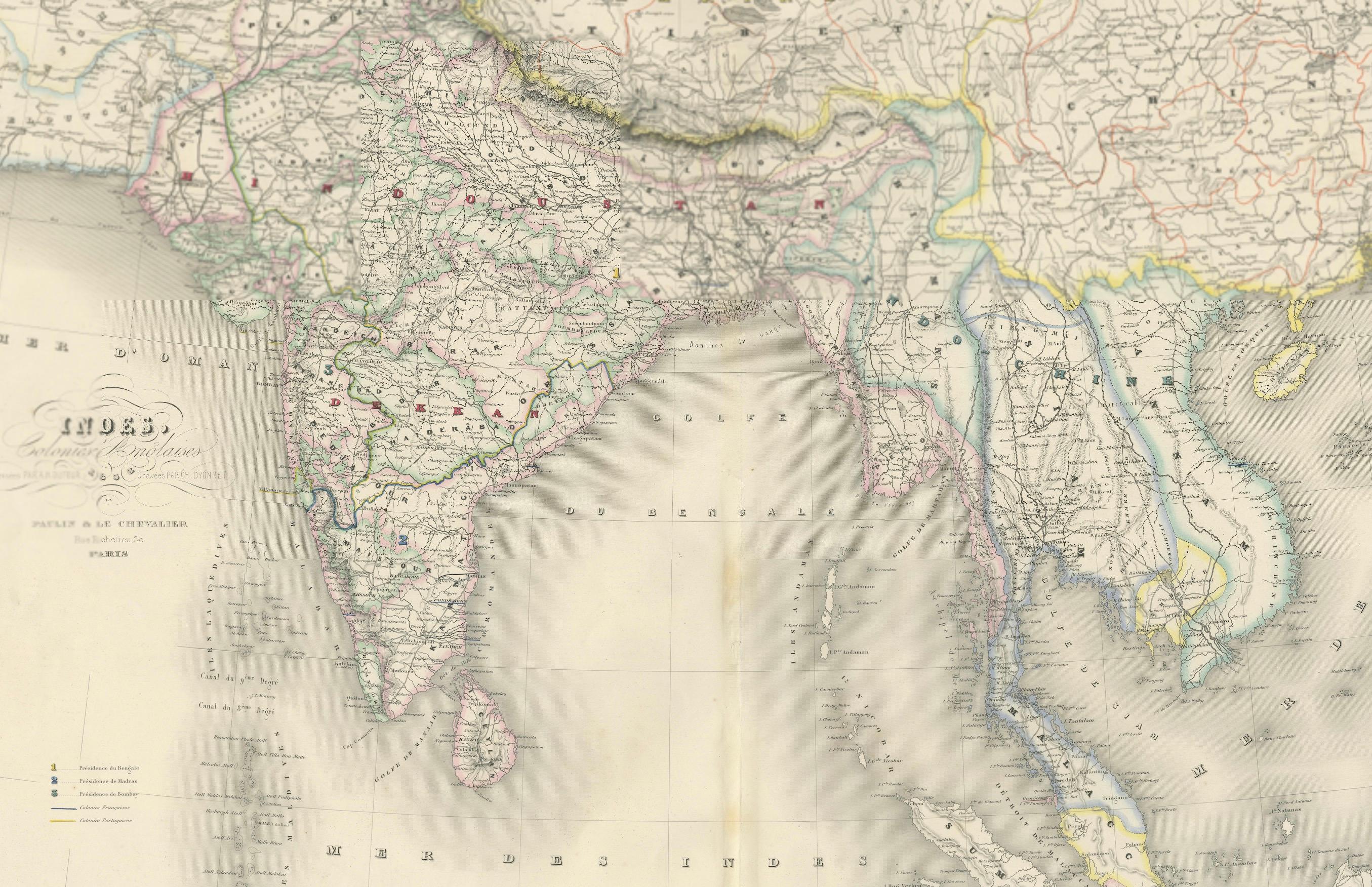 Antike Karte von Indien und Southeast Asia - Chevalier-Stich, Malte-Brun, 1853 (Englisch) im Angebot