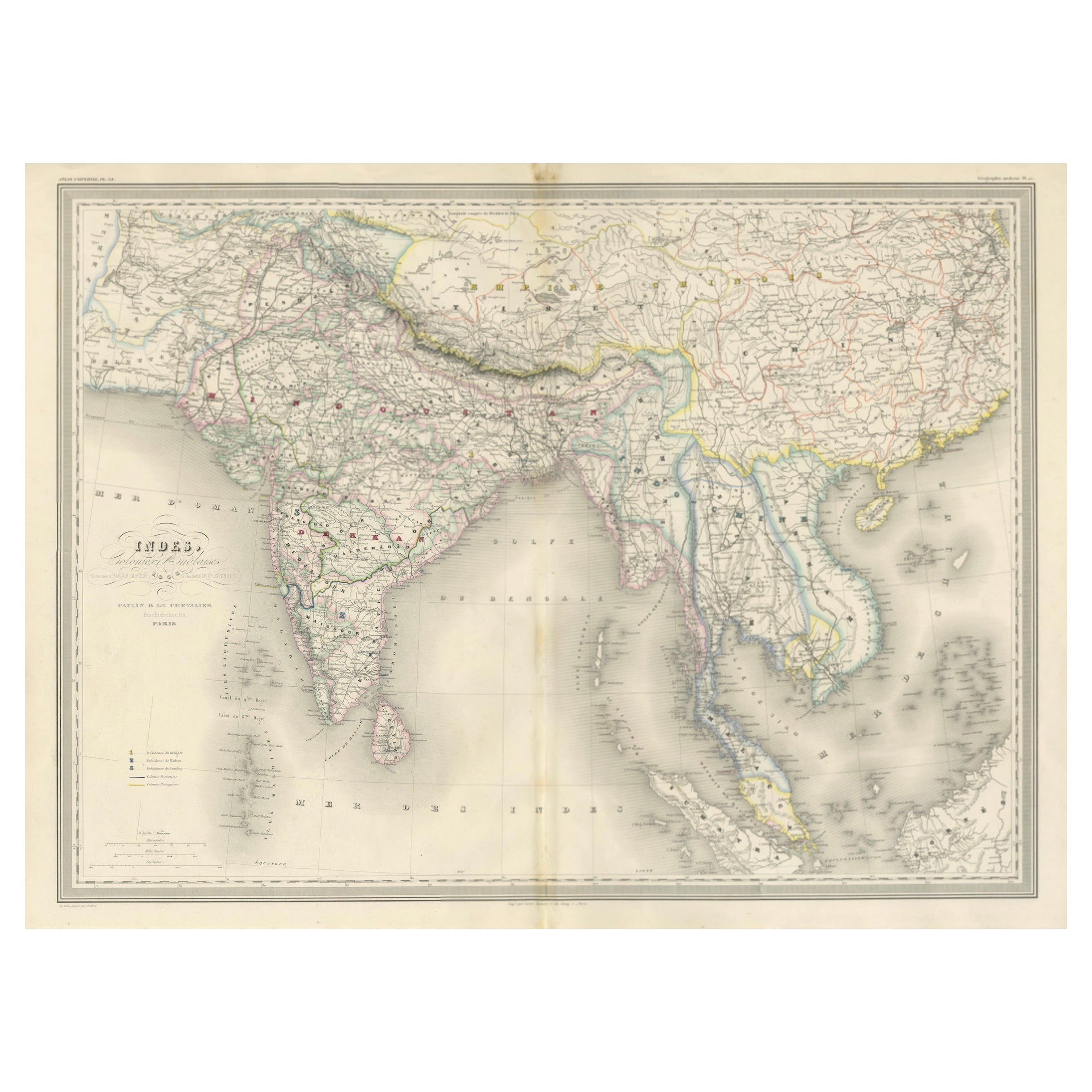 Mapa antiguo de la India y el Southeast Asia - Grabado Chevalier, Malte-Brun, 1853
