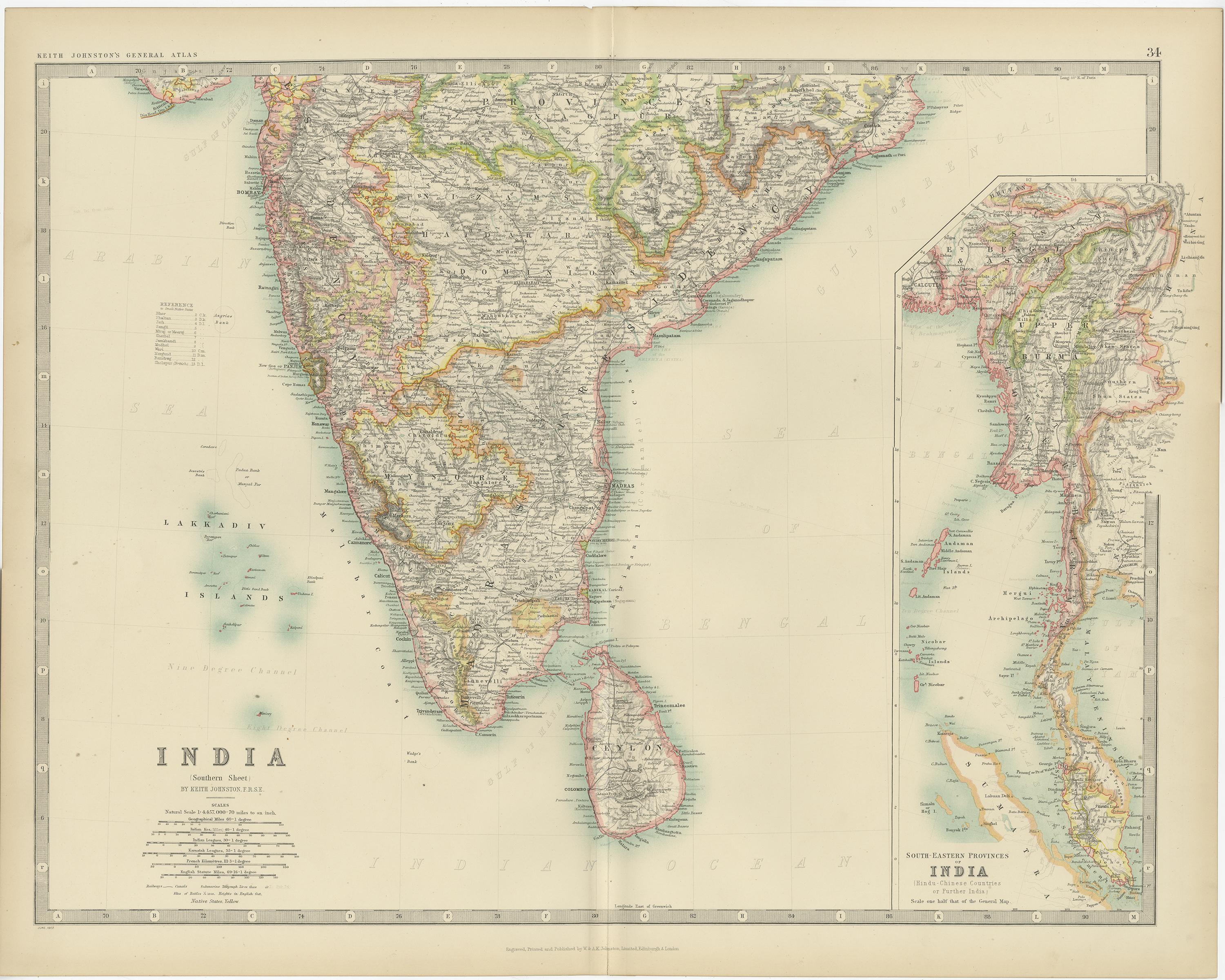 20ième siècle Carte ancienne de l'Inde (Souest) par Johnston (1909) en vente