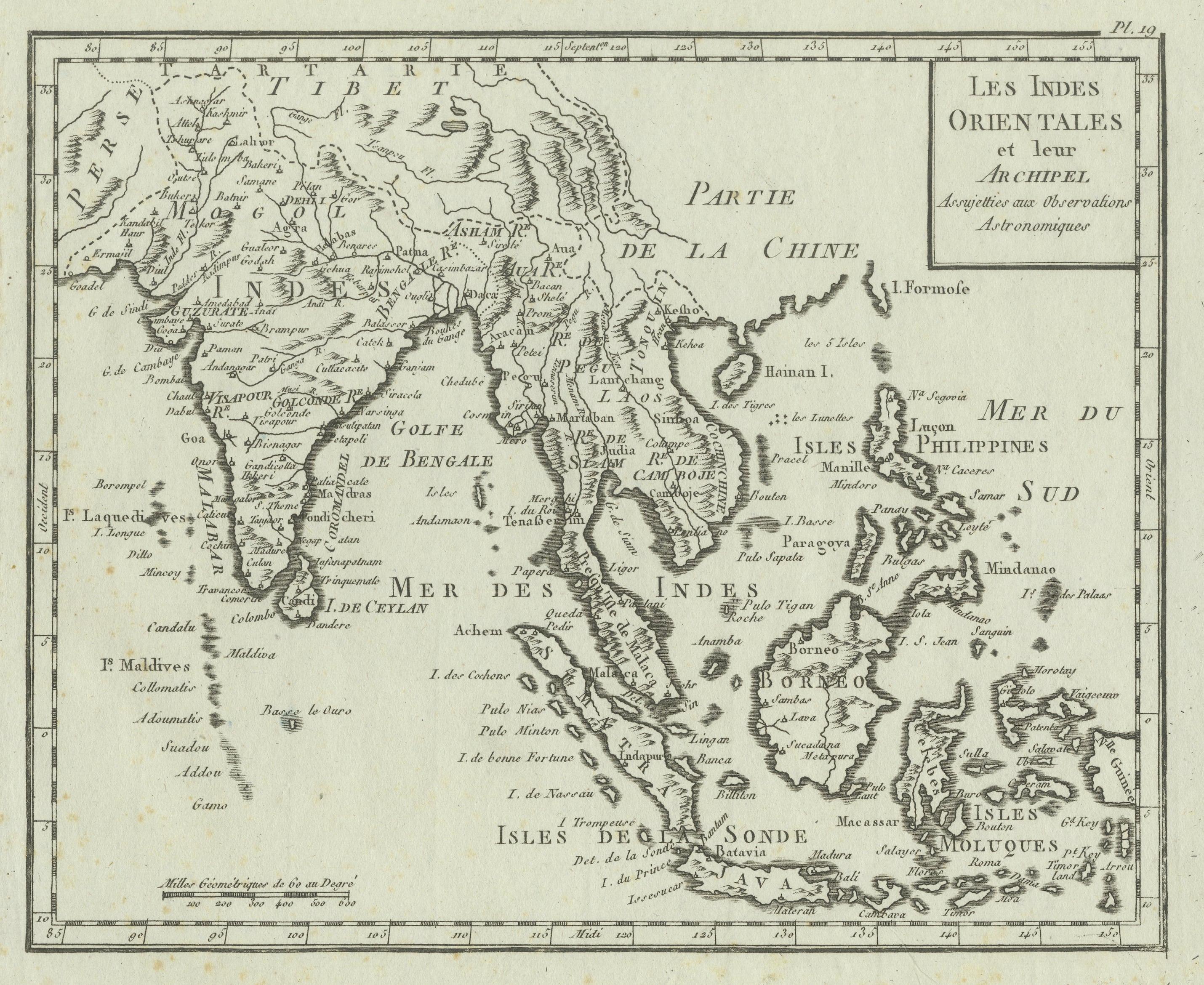 Antique map titled 'Les Indes Orientales et leur Archipel'. Original antique map of India, the East Indies and the Philippines. Source unknown, to be determined. Published circa 1760.
