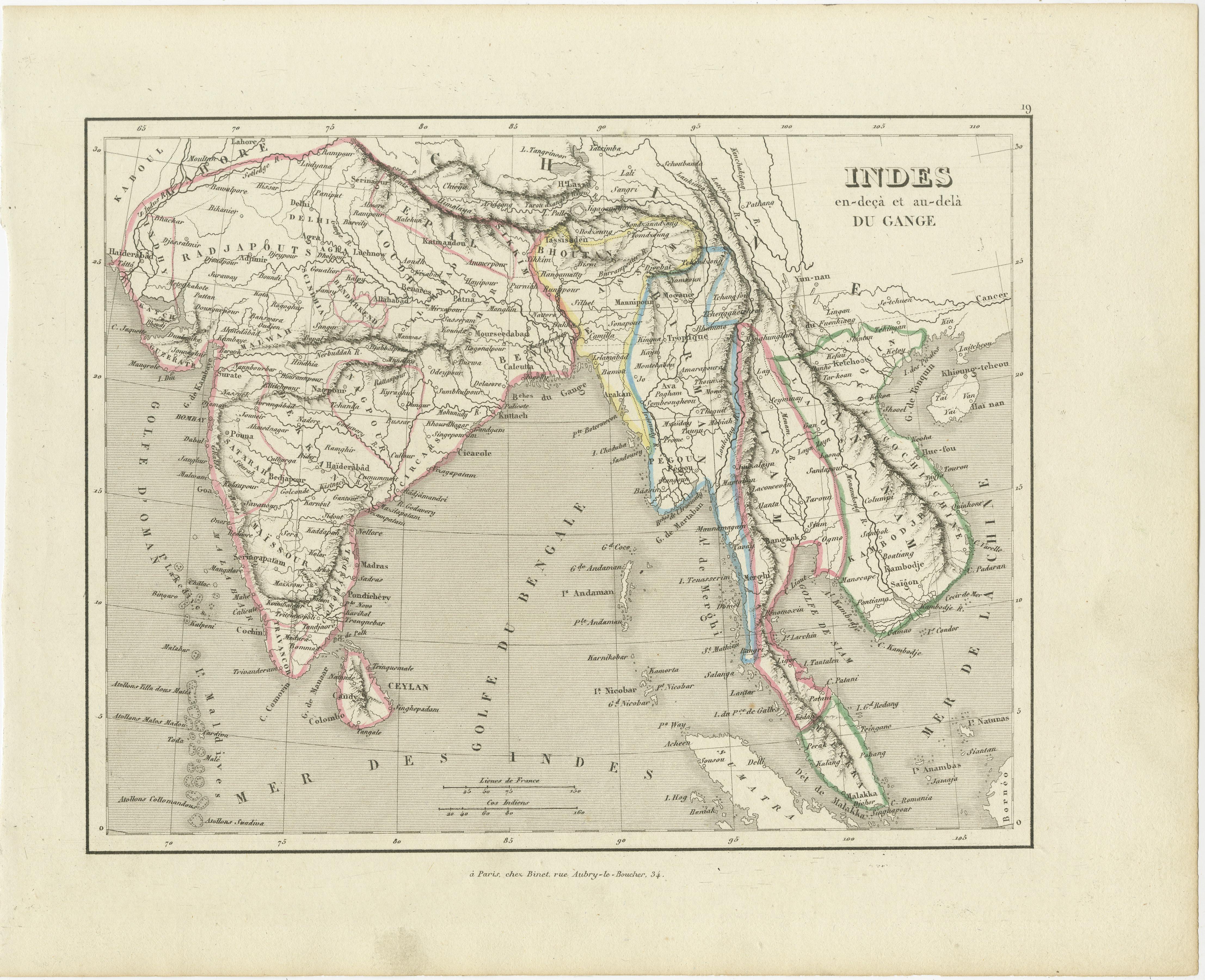 Antique map titled 'Indes en-decà et au-delà du Gange'. Original old map of India to Southeast Asia, showing India, Nepal, Bhutan, Sri Lanka (Ceylon), Myanmar (Birma), part of Indonesia and surroundings. Originates from 'Dictionnaire Universel de