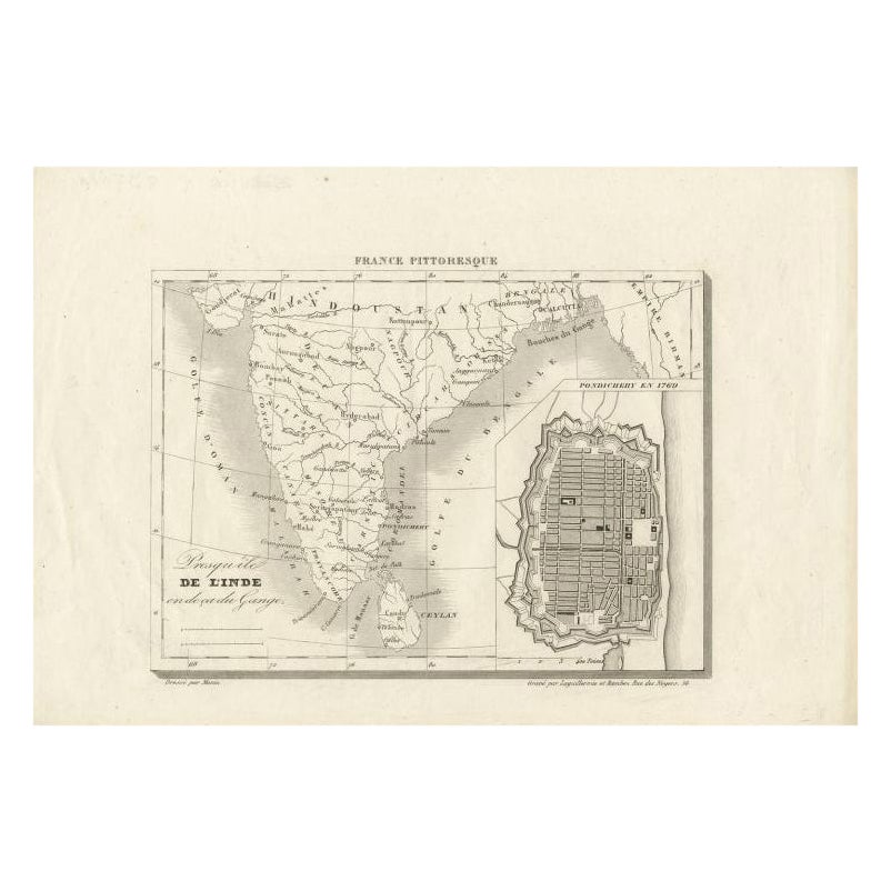 Carta geografica antica dell'India con inserto di Puducherry di Monin, 1835